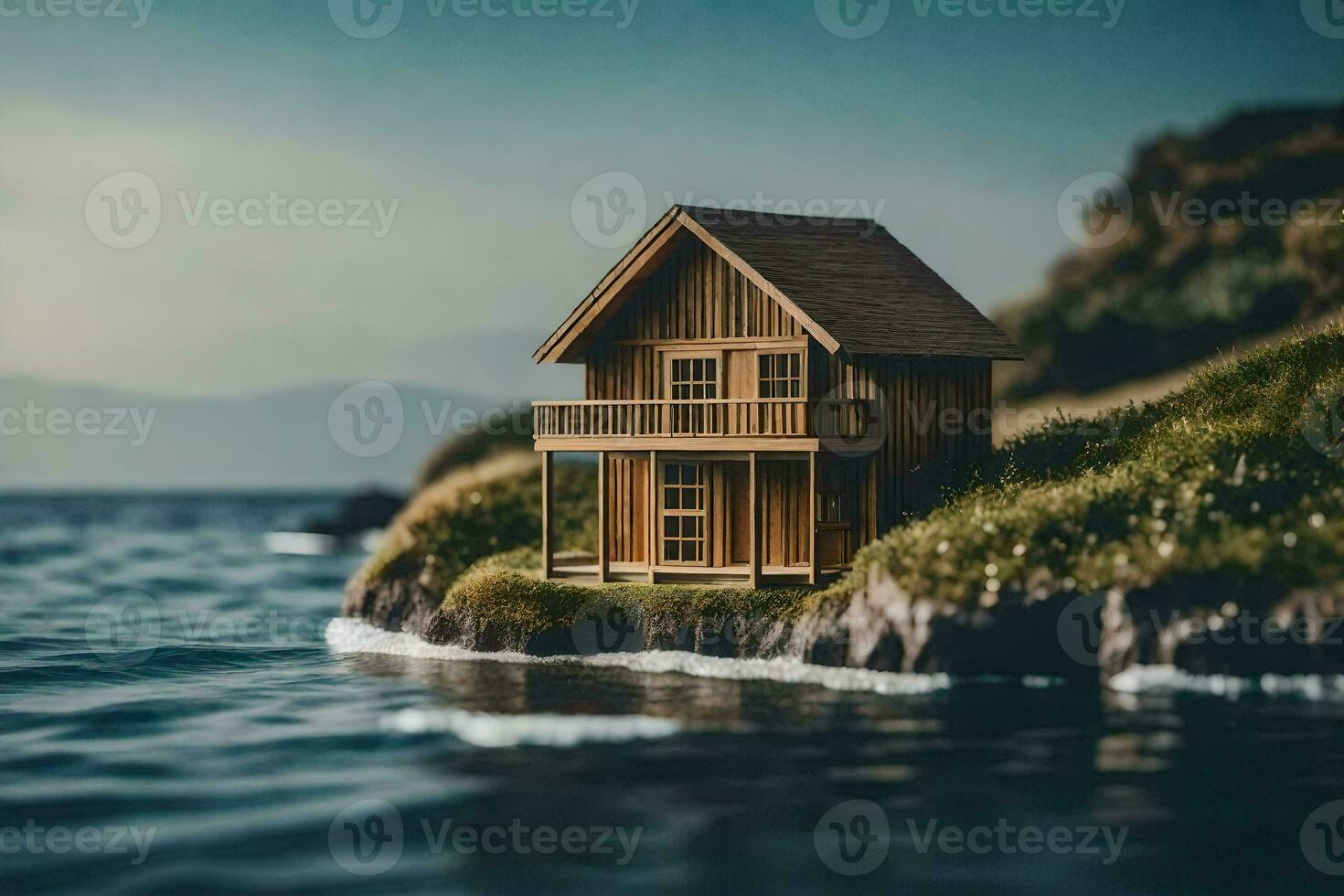 a small wooden house on the edge of the water. AI-Generated photo