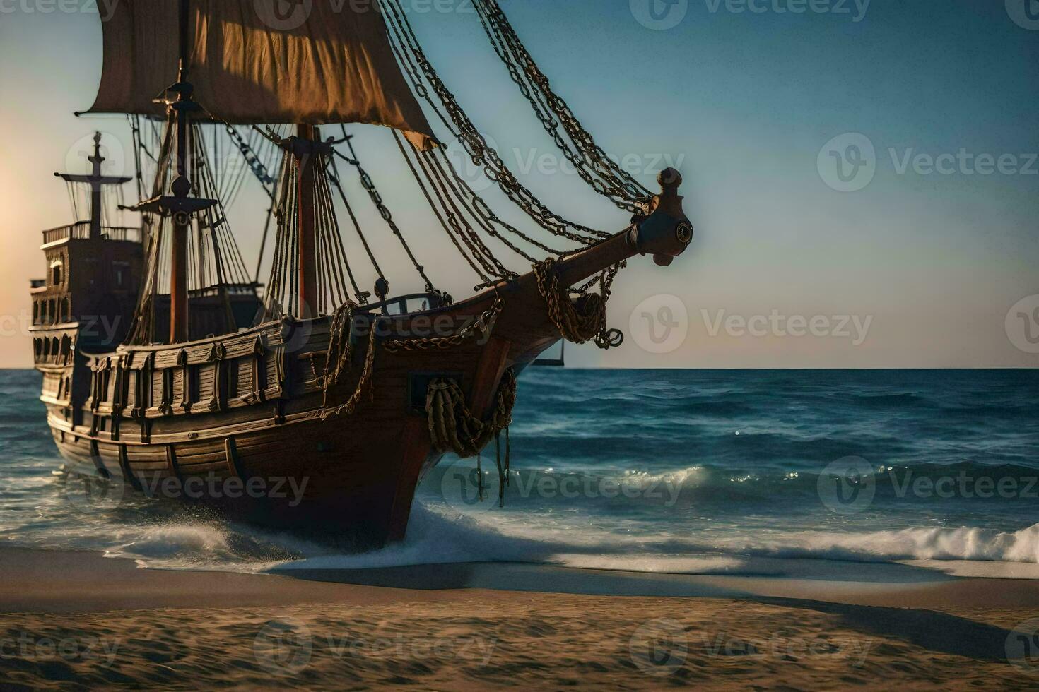 a pirate ship on the beach at sunset. AI-Generated photo
