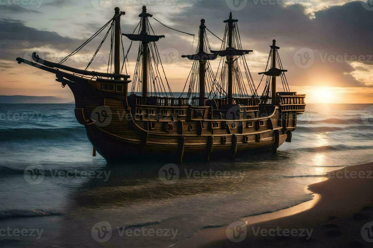 a wooden ship on the beach at sunset. AI-Generated photo