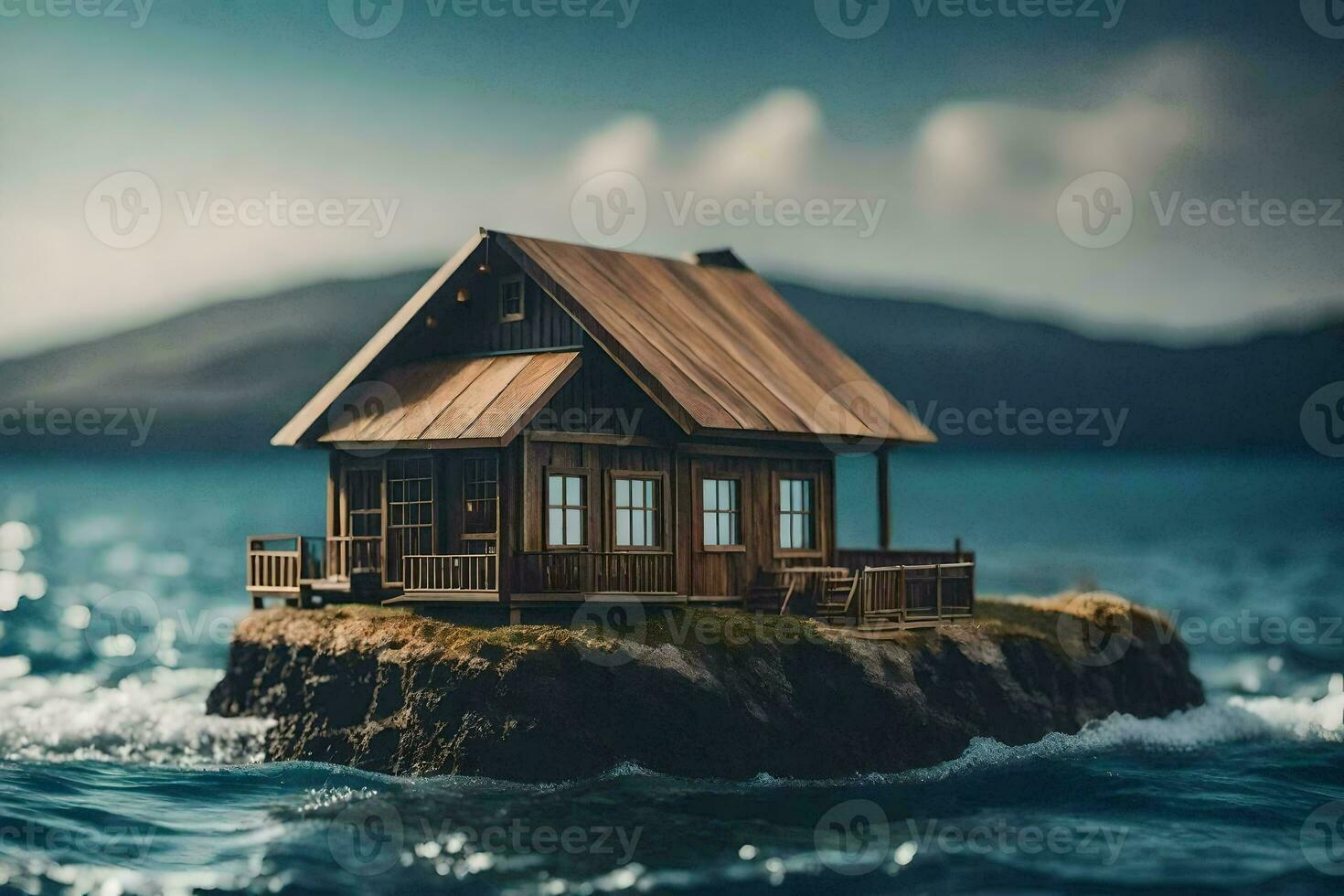 a small house floating in the ocean. AI-Generated photo