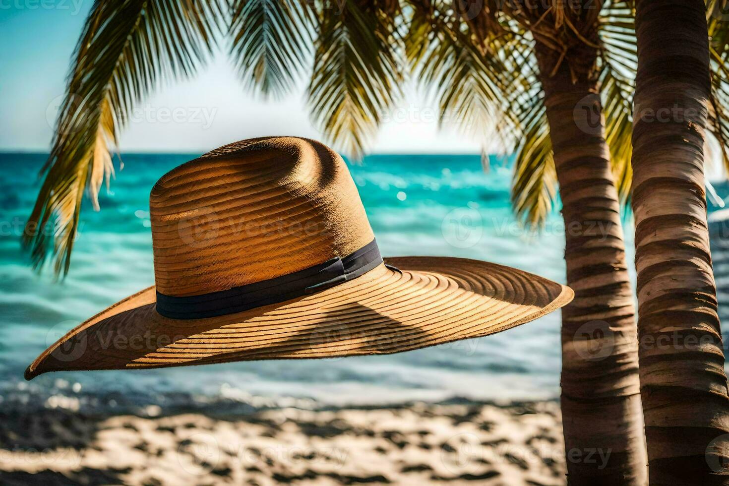 a hat hanging from a palm tree on the beach. AI-Generated photo