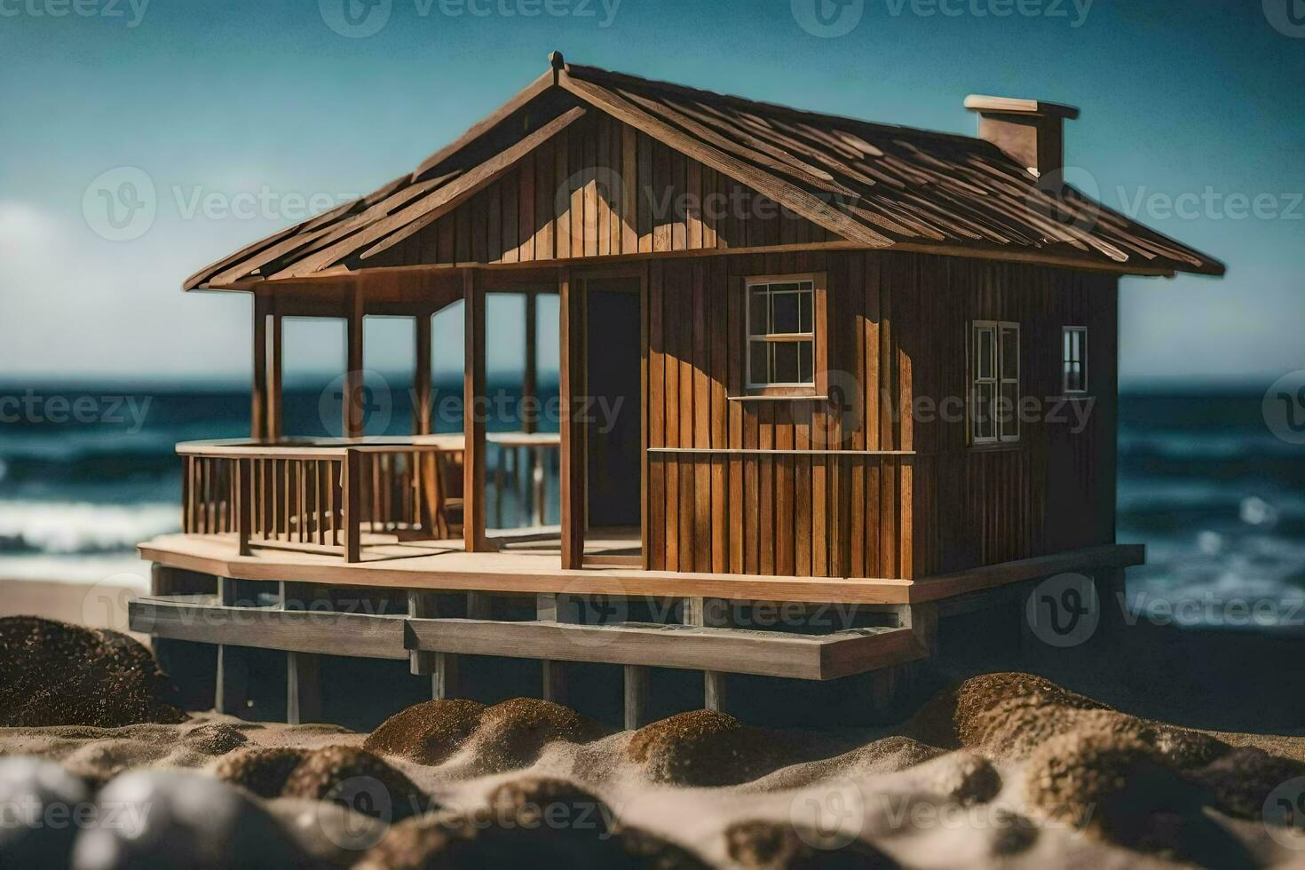 a miniature wooden house on the beach. AI-Generated photo