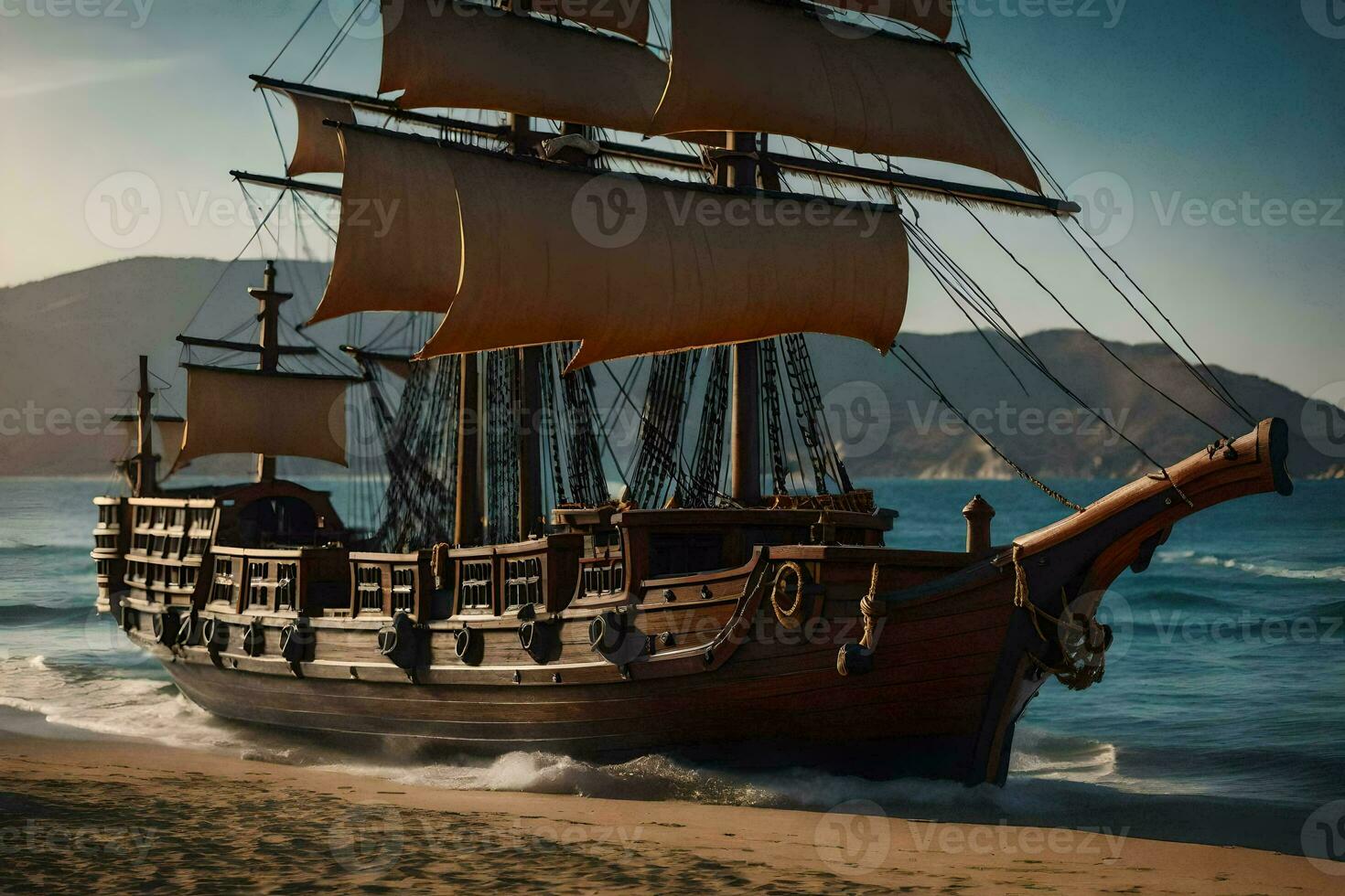 a pirate ship is on the beach near the ocean. AI-Generated photo