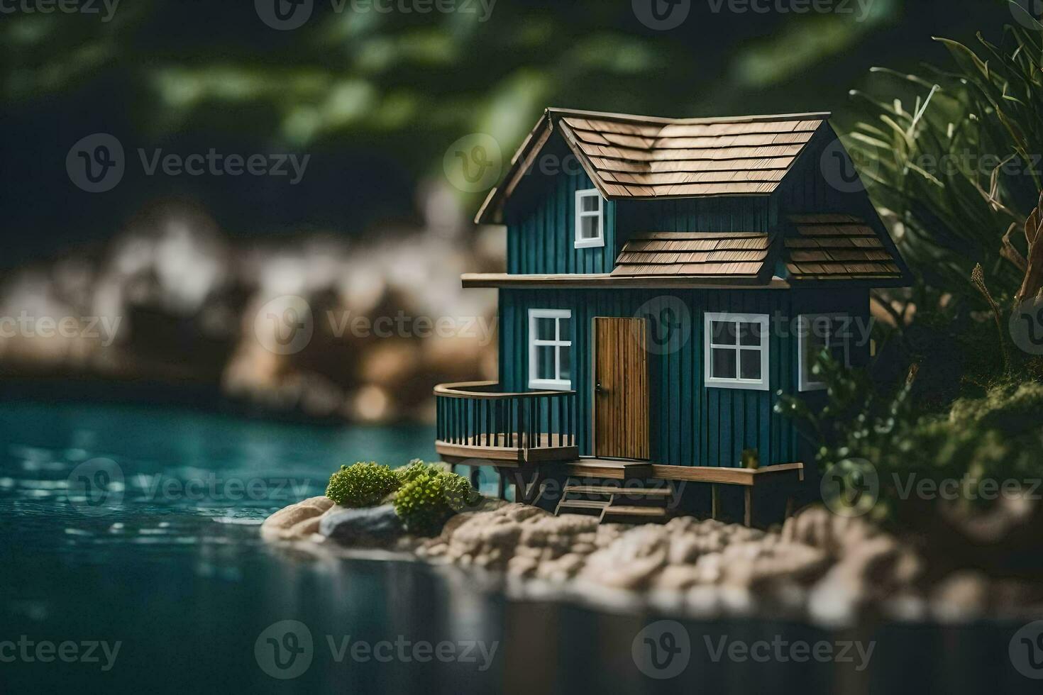 a miniature house on a small island by the water. AI-Generated photo