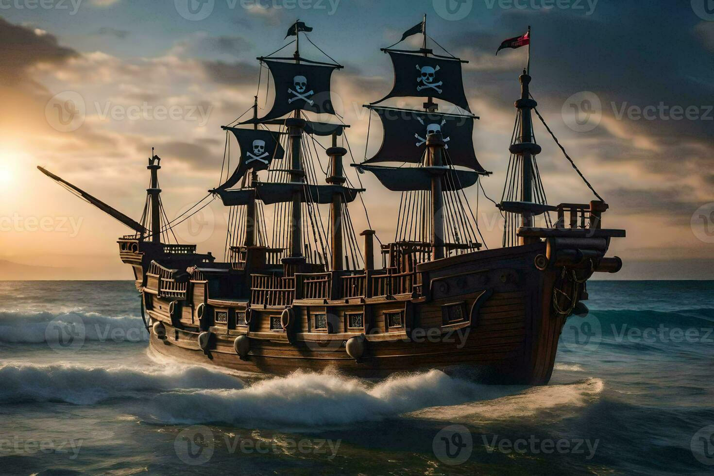 a pirate ship in the ocean at sunset. AI-Generated photo
