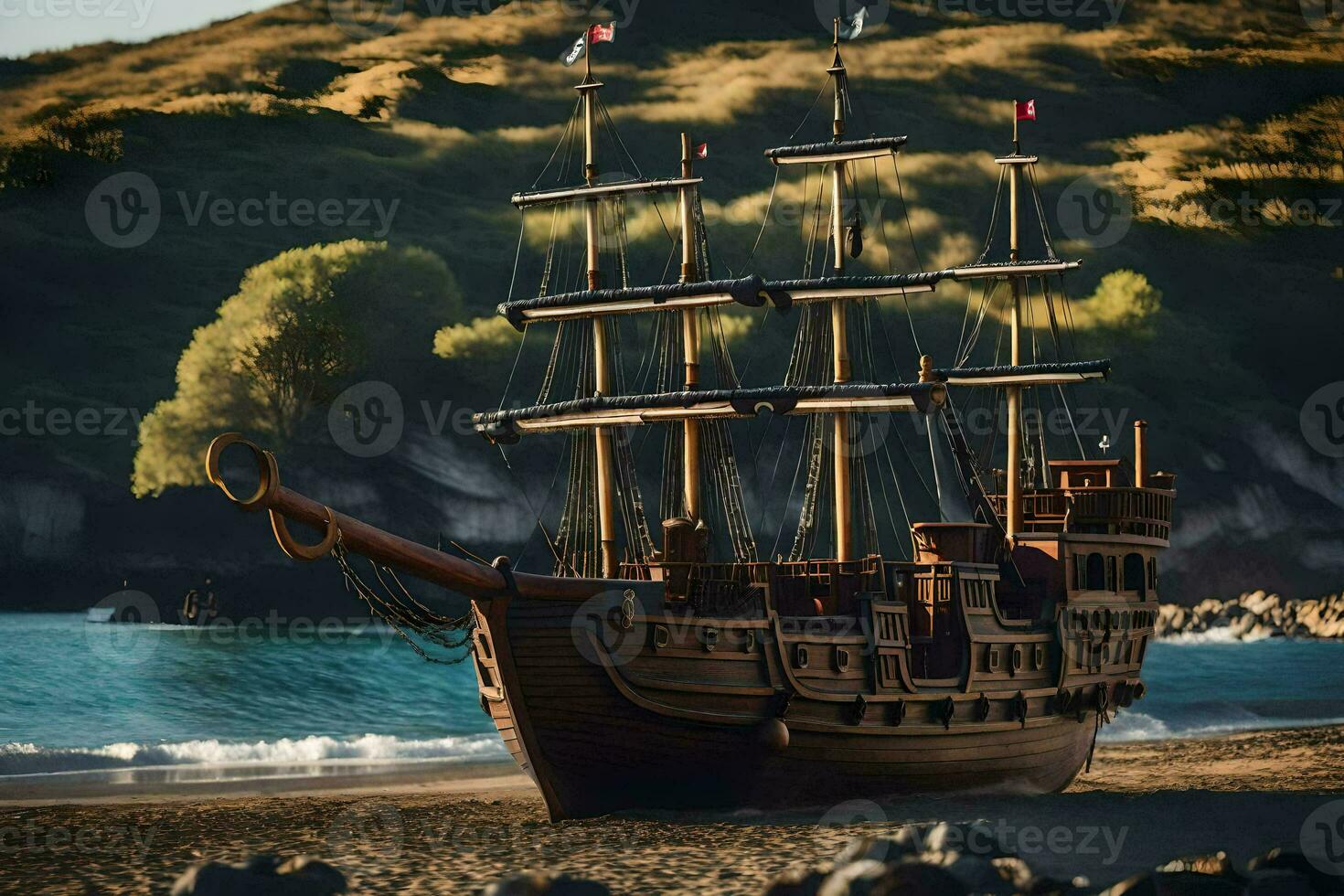 a wooden pirate ship on the beach. AI-Generated photo