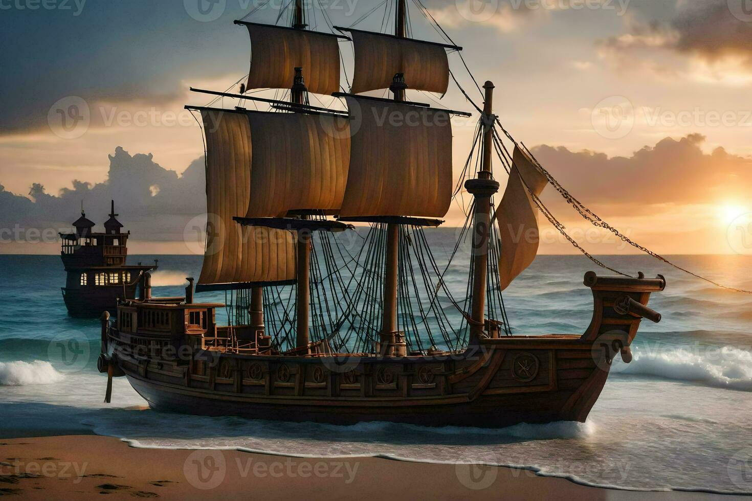 a pirate ship on the beach at sunset. AI-Generated photo