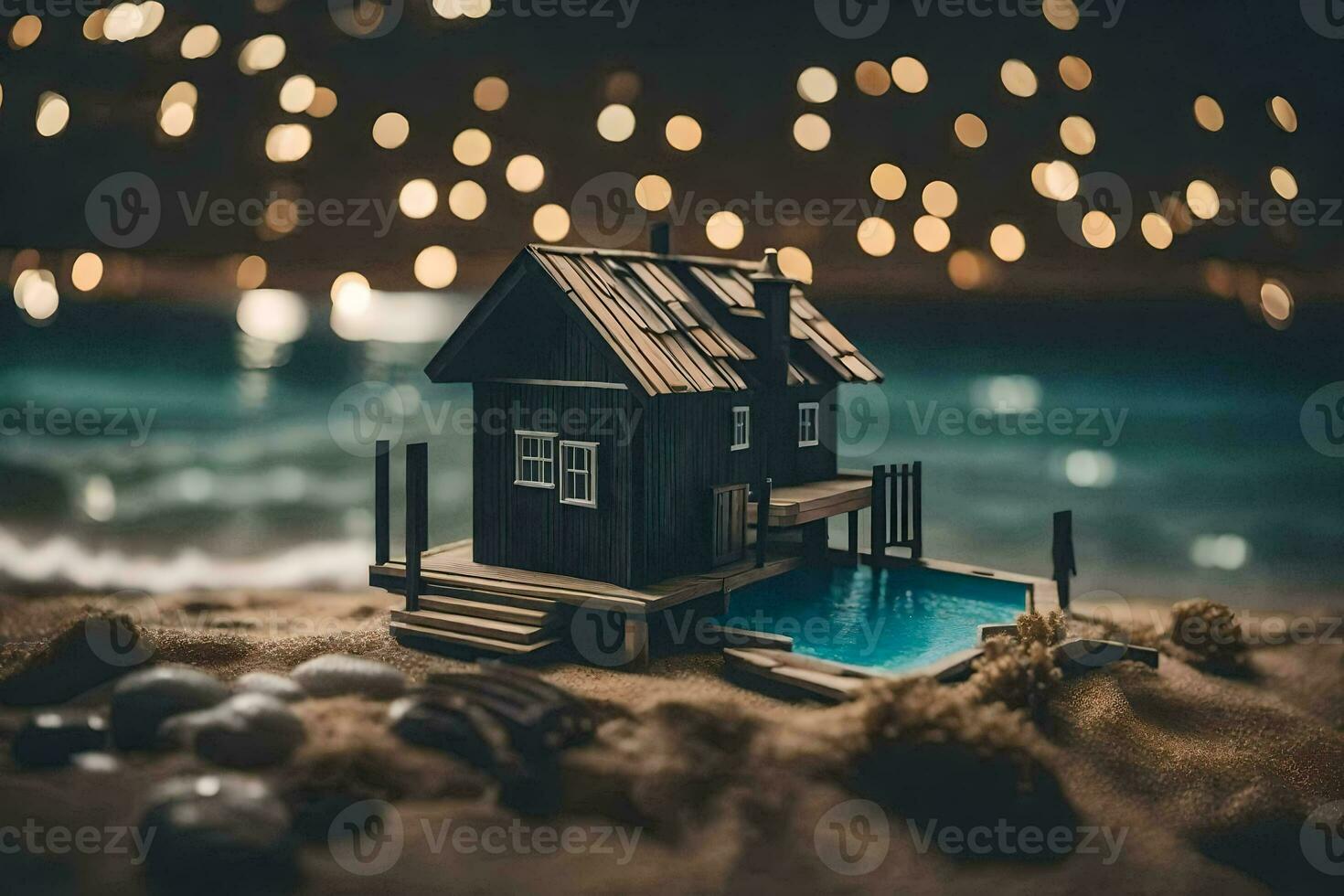 a miniature house on the beach at night. AI-Generated photo