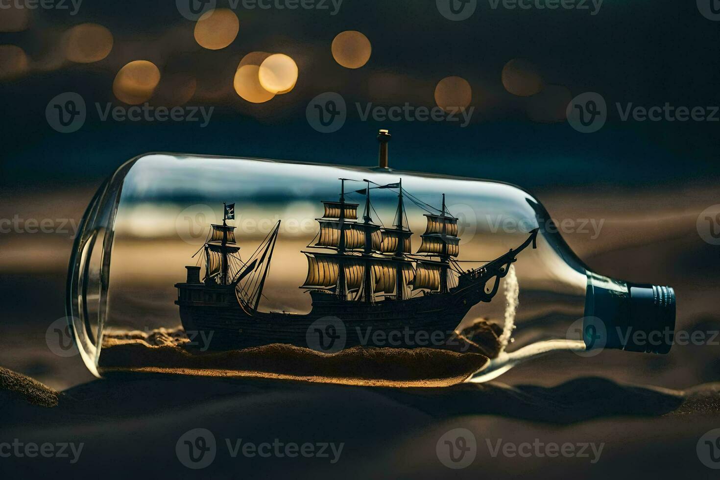 ship in a bottle on sand. AI-Generated photo