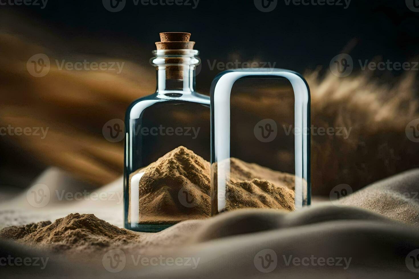 a bottle of sand and a glass bottle with sand inside. AI-Generated photo