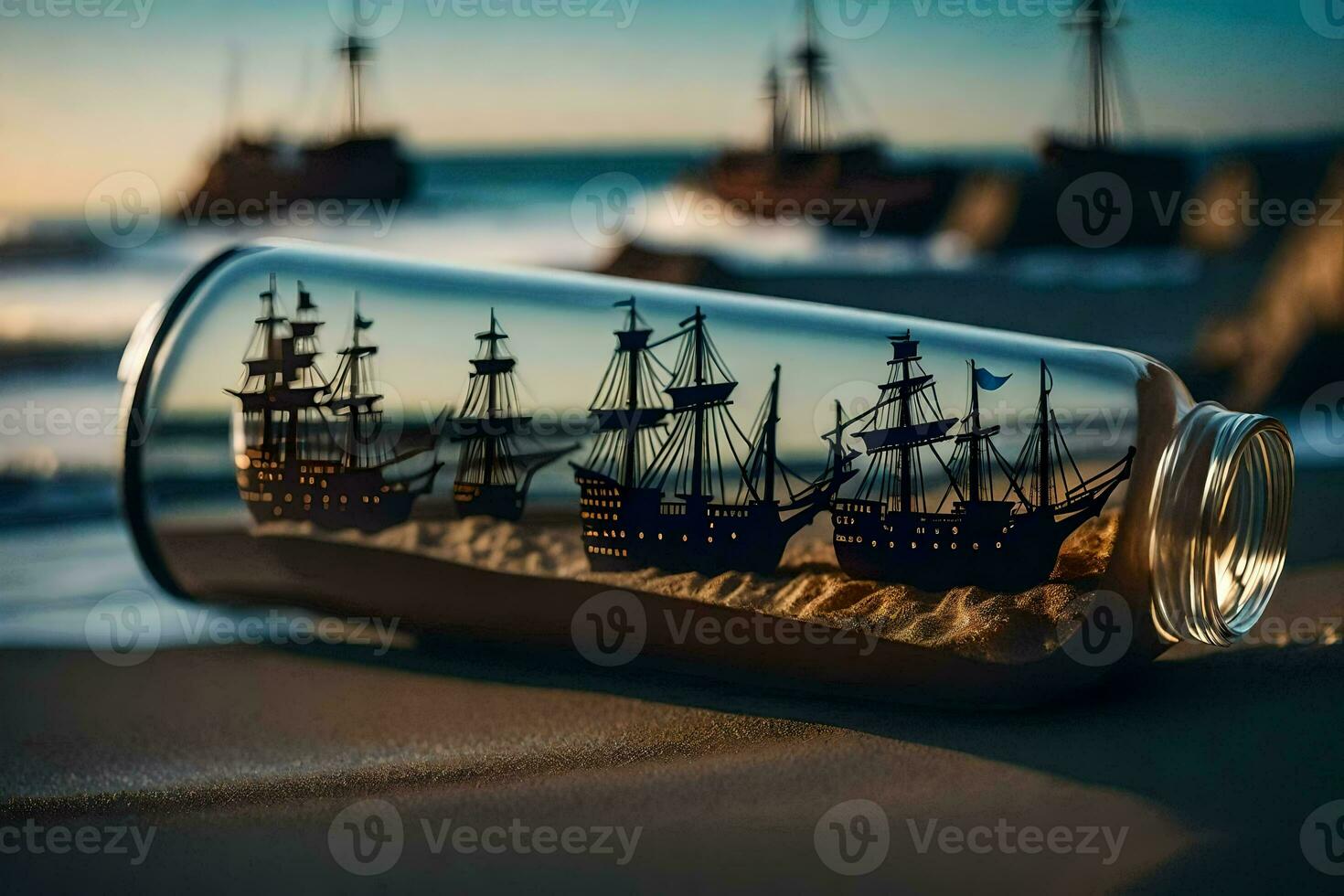 a bottle with ships in it on the beach. AI-Generated photo