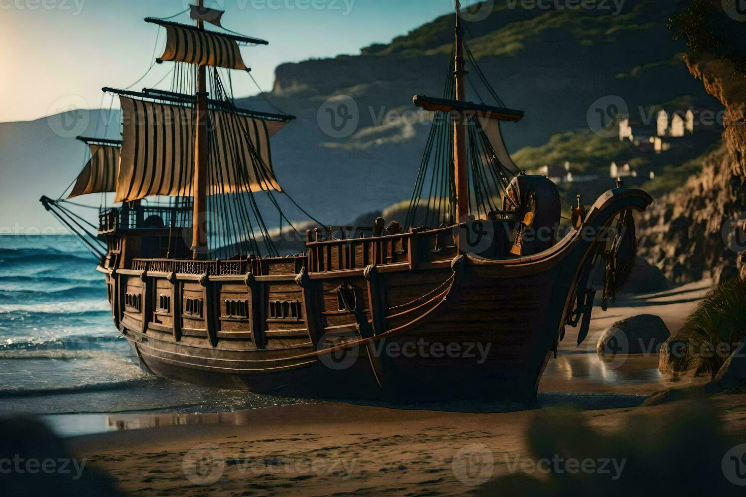 a pirate ship on the beach near the ocean. AI-Generated photo