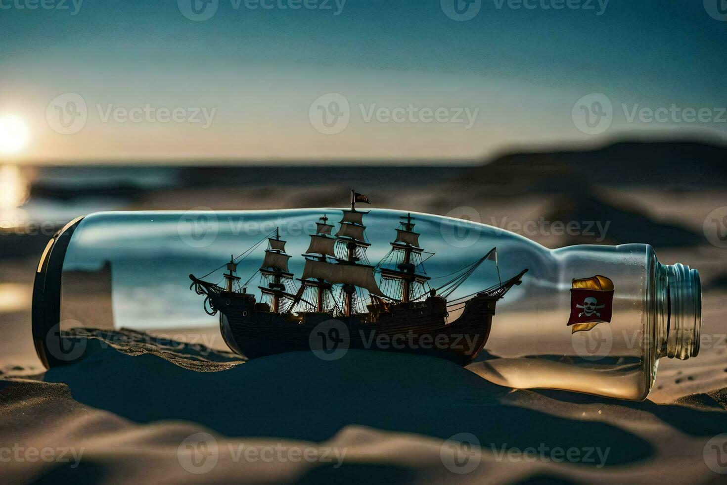 a ship in a bottle on the beach. AI-Generated photo
