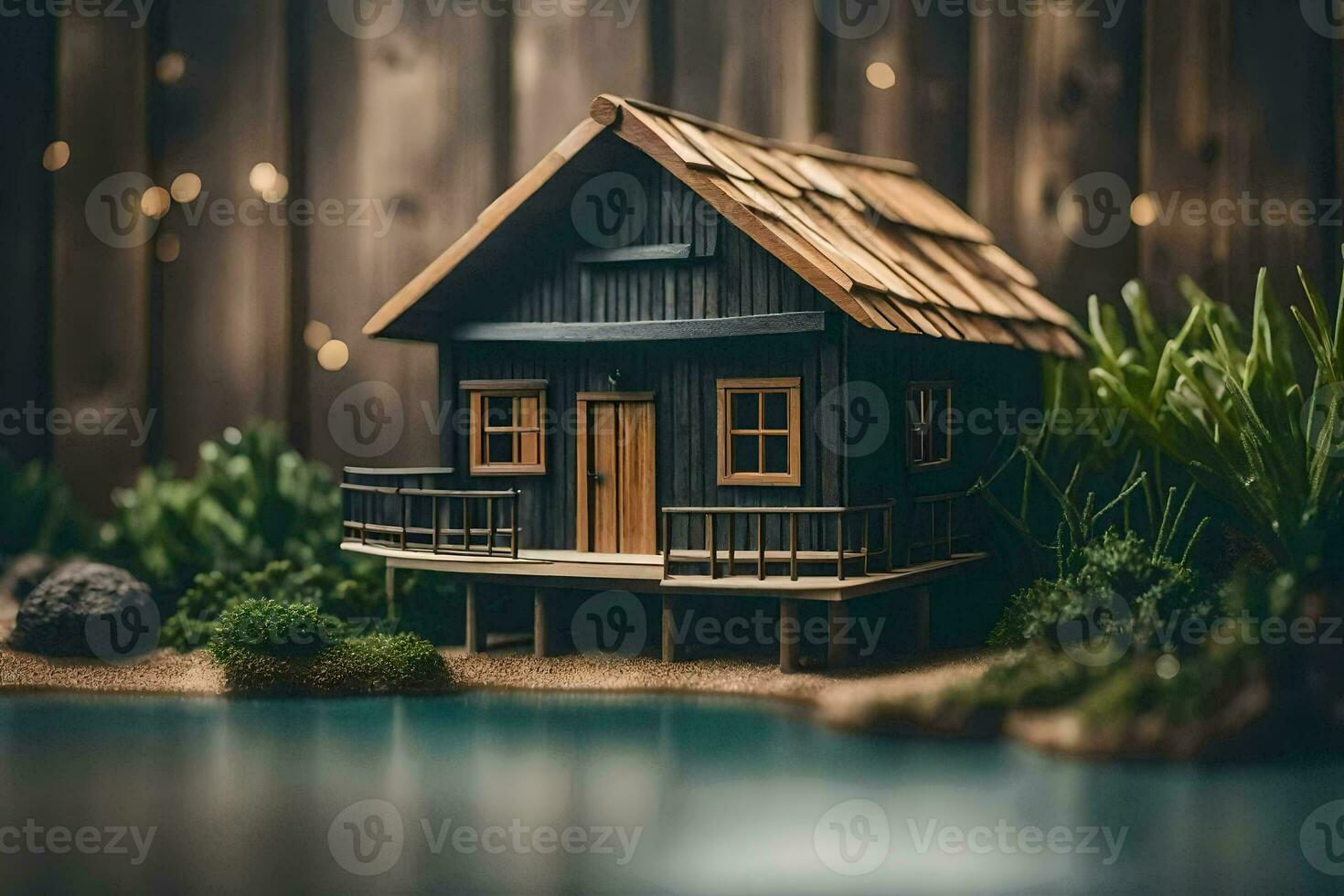 a miniature house on a pond with a wooden fence. AI-Generated photo