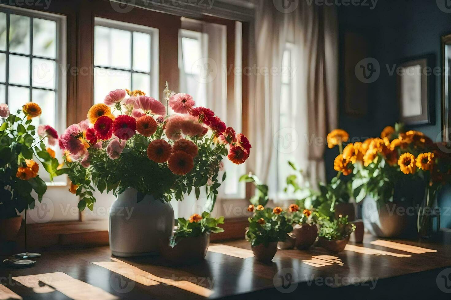 flowers in vases on a table in front of a window. AI-Generated photo