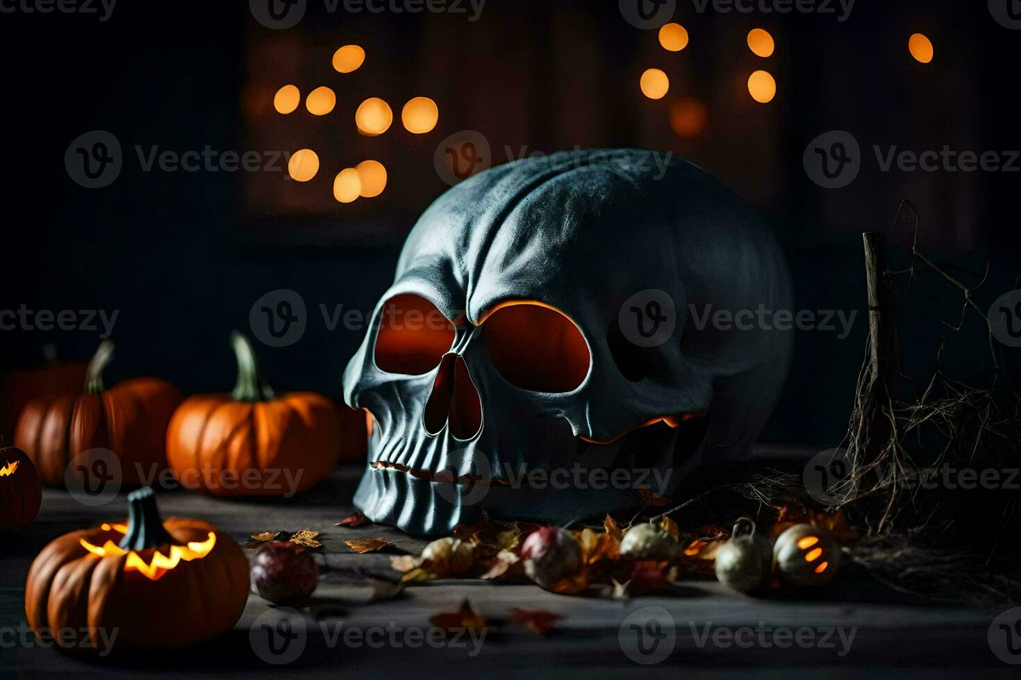 a halloween skull with a candle and pumpkins. AI-Generated photo