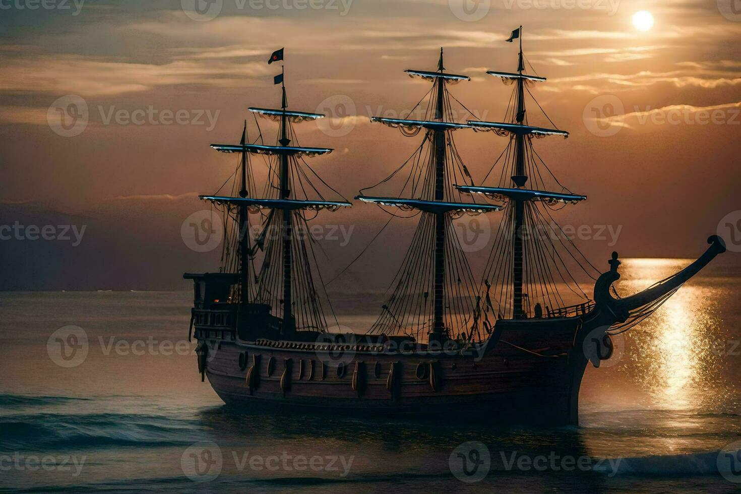 a pirate ship sailing in the ocean at sunset. AI-Generated photo