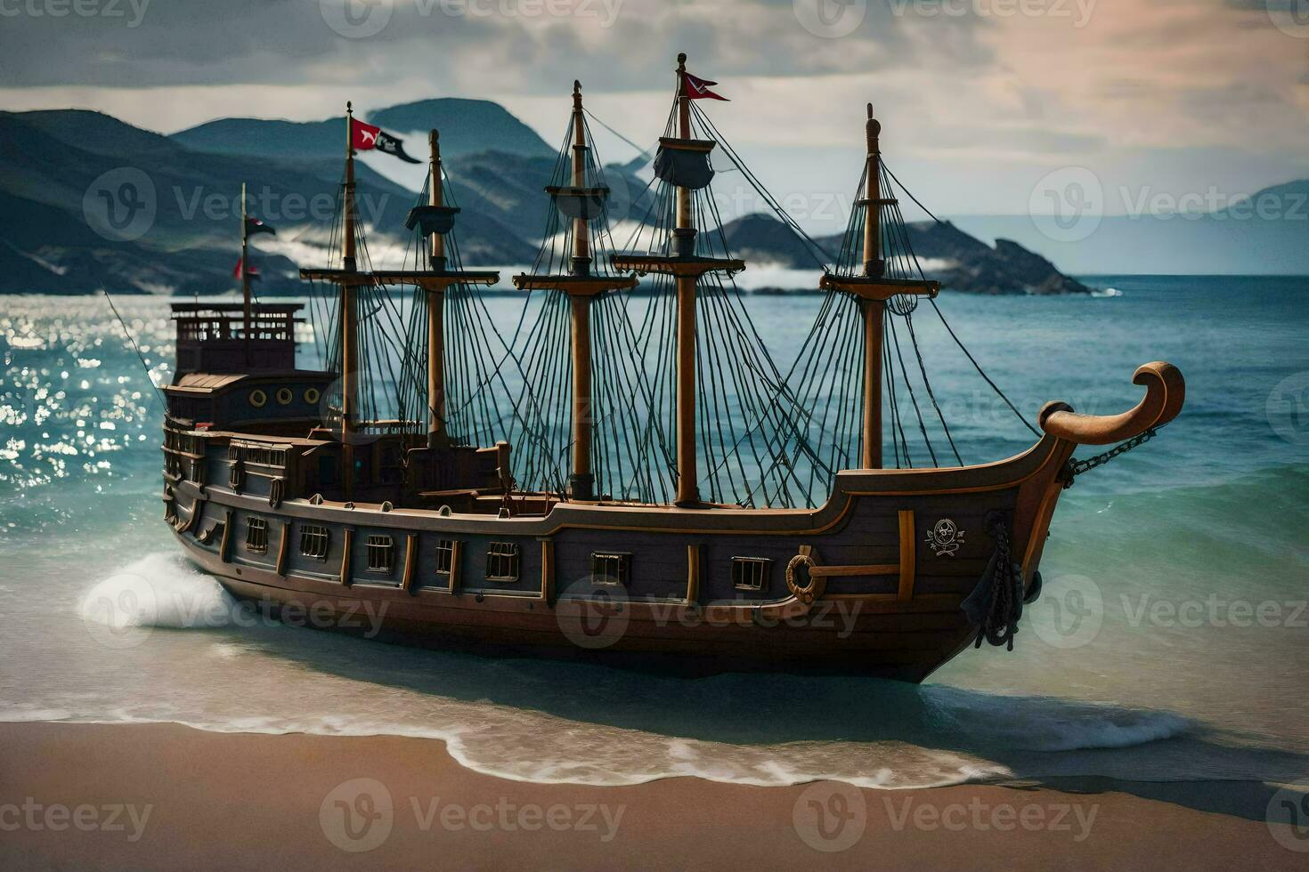 a model pirate ship on the beach. AI-Generated photo