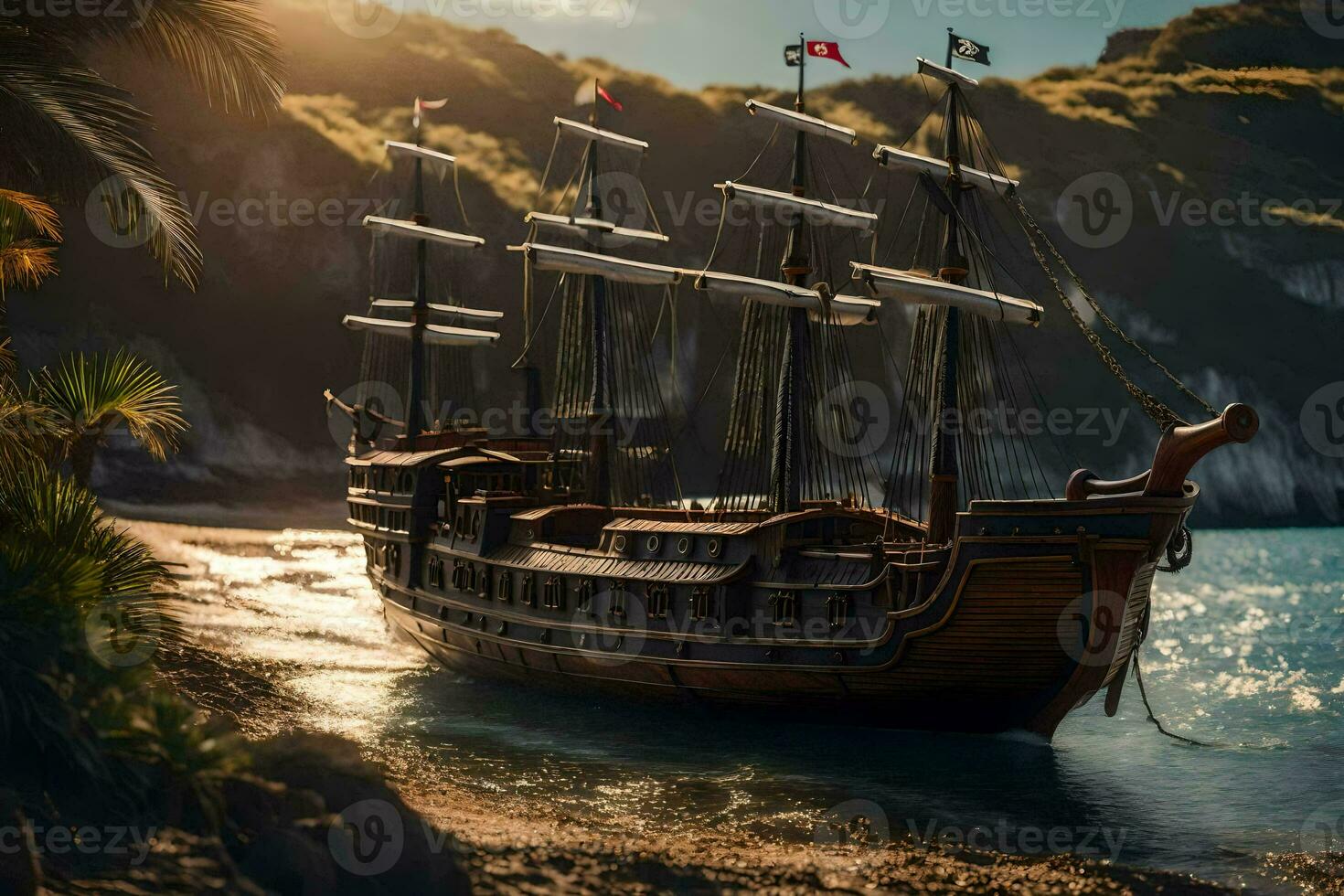 a pirate ship is docked on the beach. AI-Generated photo