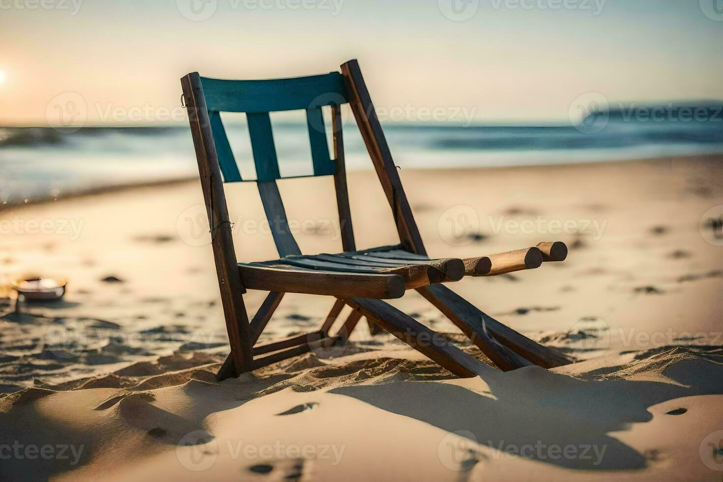 a wooden chair sits on the beach at sunset. AI-Generated photo