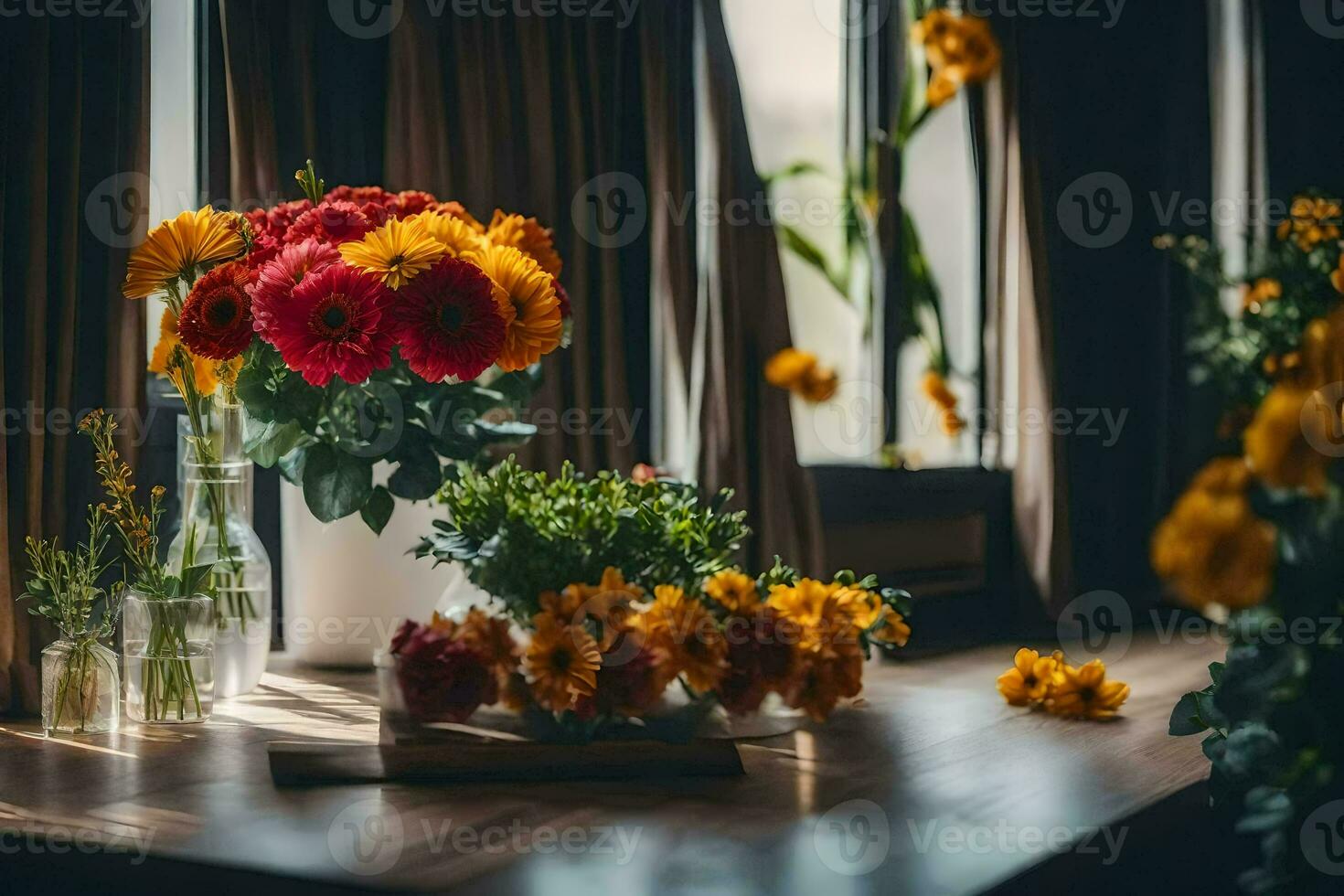 flowers in vases on a table near a window. AI-Generated photo