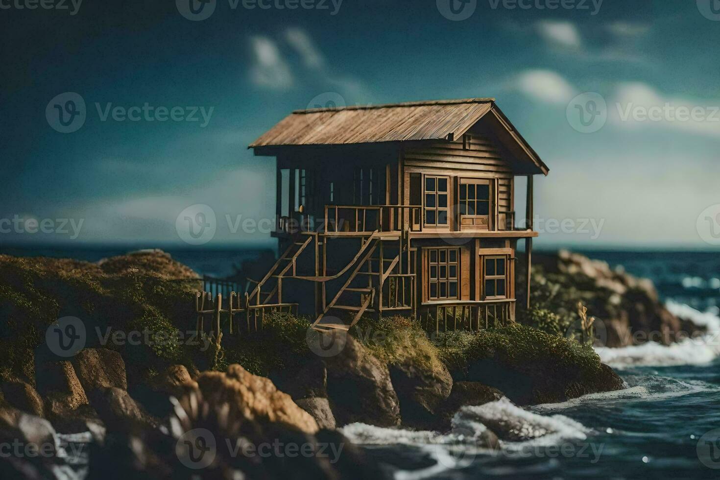 a small wooden house on the edge of the ocean. AI-Generated photo