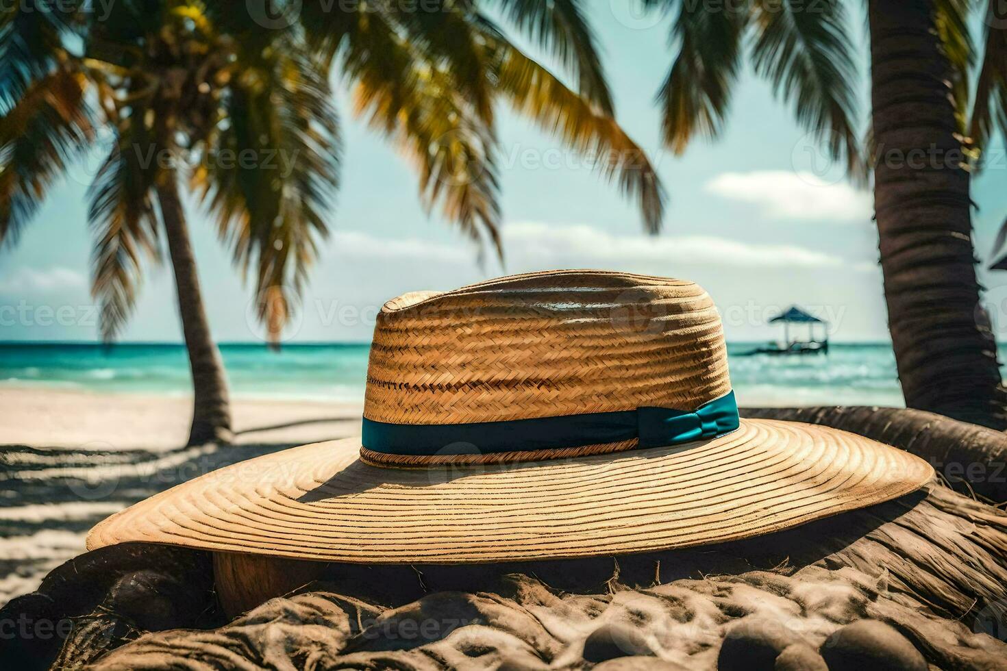 a hat on the beach with palm trees. AI-Generated photo