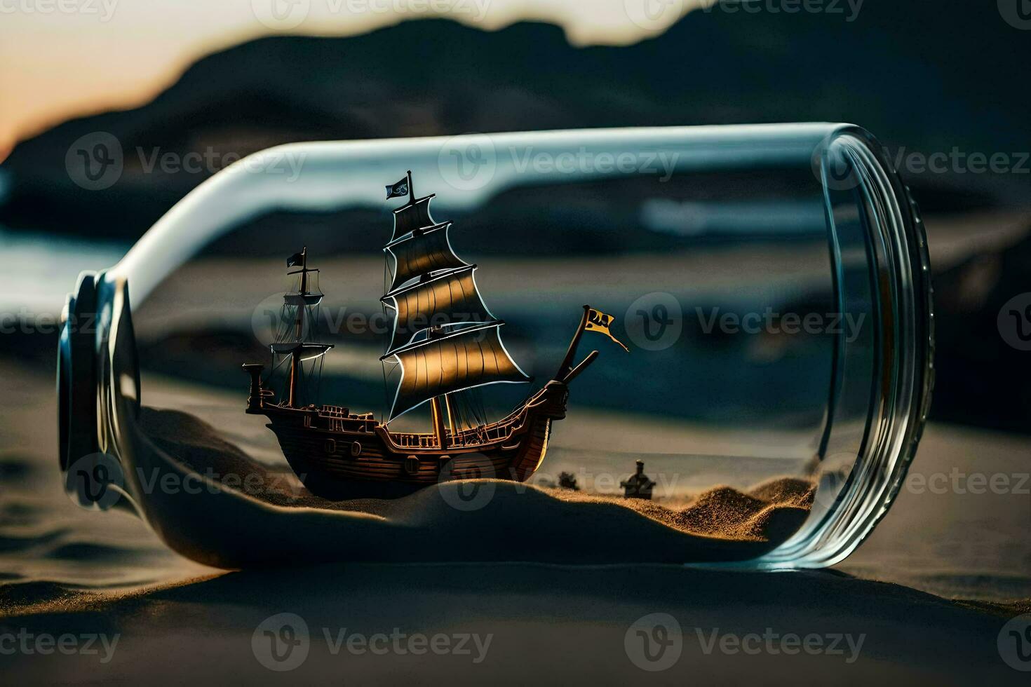 a ship in a bottle on the beach. AI-Generated photo