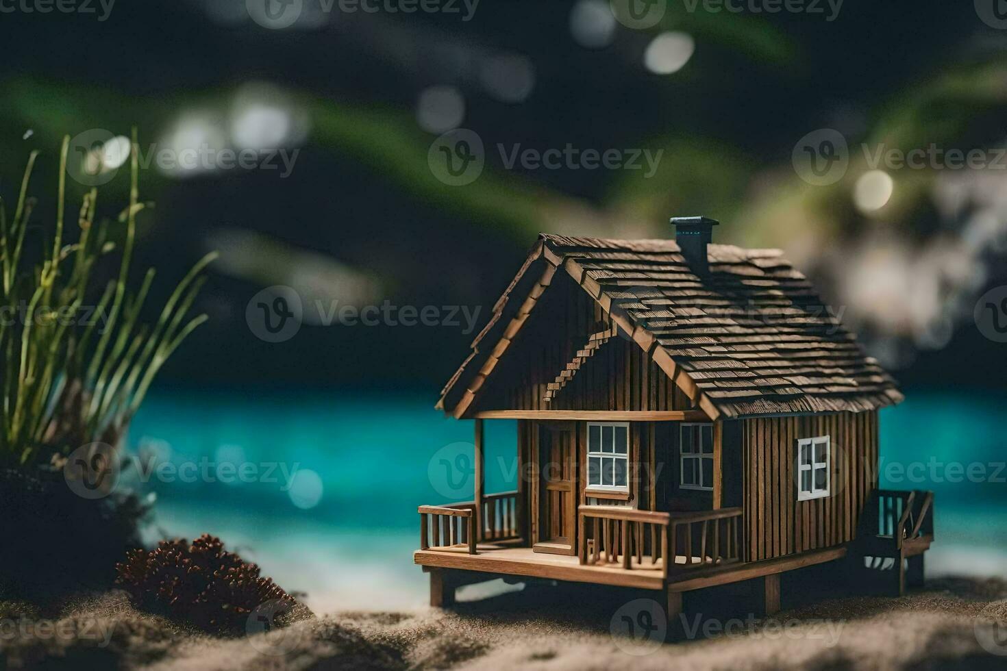 a miniature house on the beach with a small pond. AI-Generated photo