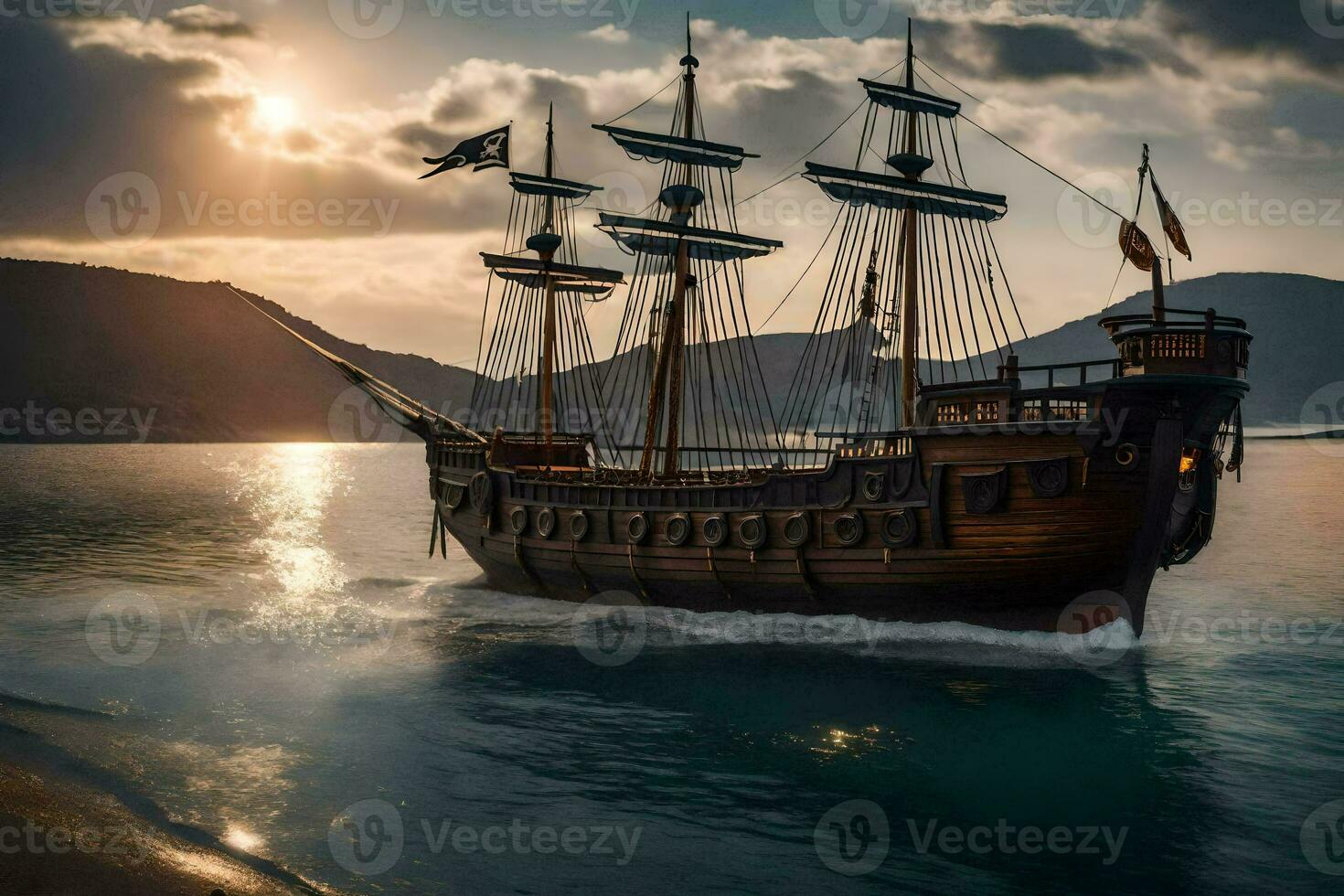 a pirate ship is sailing on the ocean. AI-Generated photo