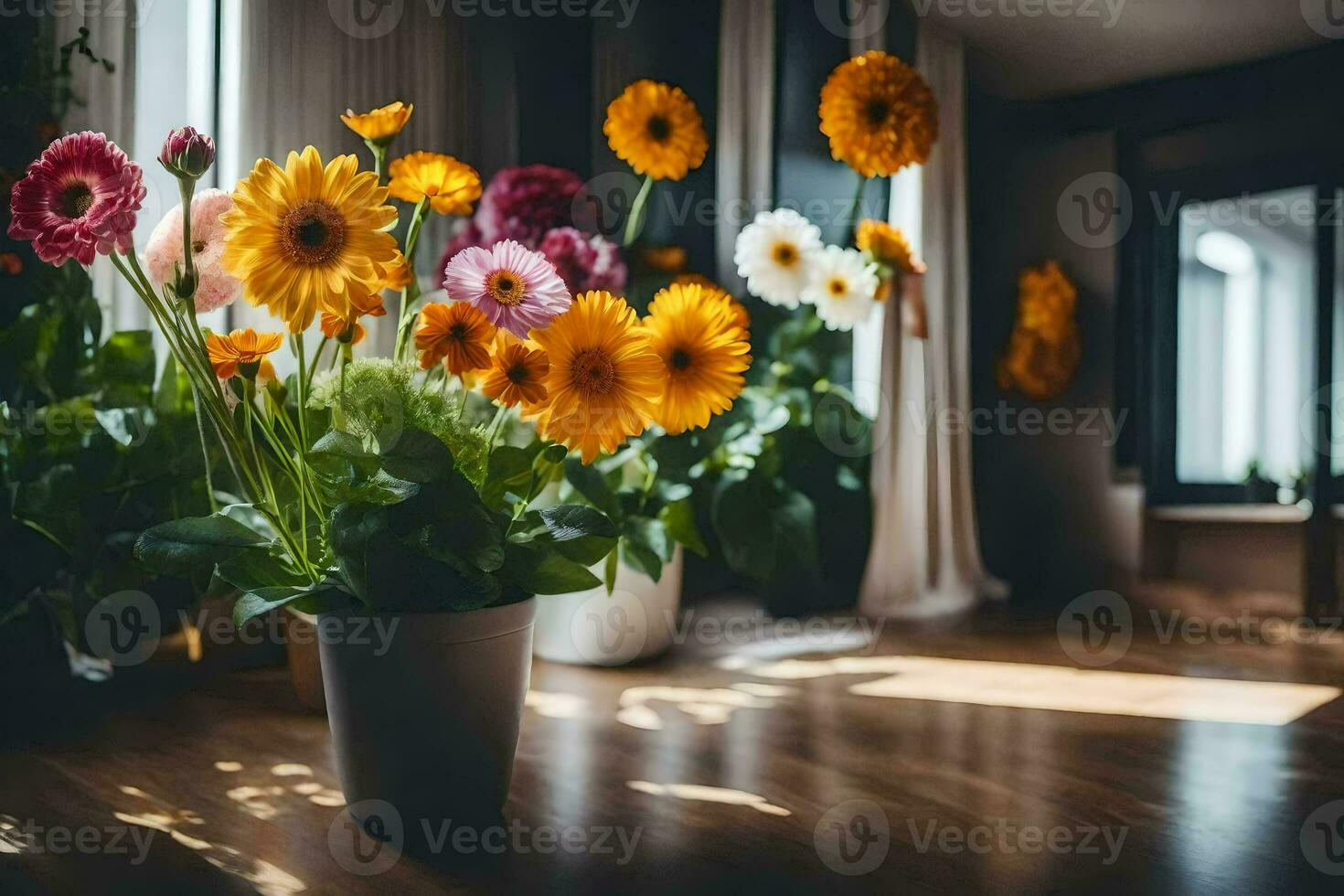 a vase of flowers on a wooden floor. AI-Generated photo