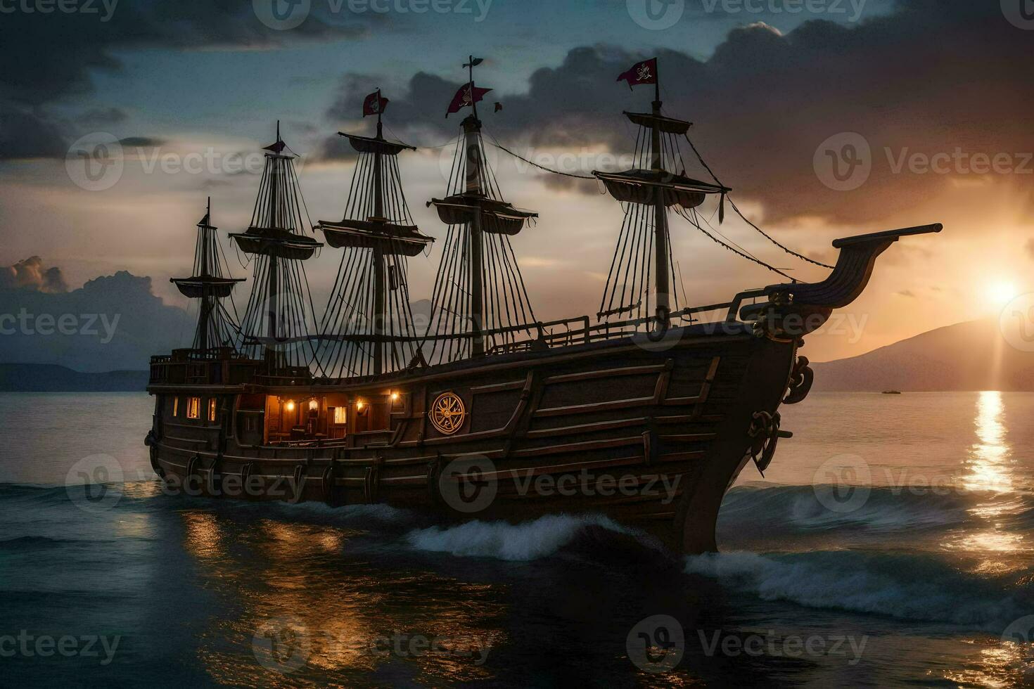 un pirata Embarcacion en el Oceano a puesta de sol. generado por ai foto