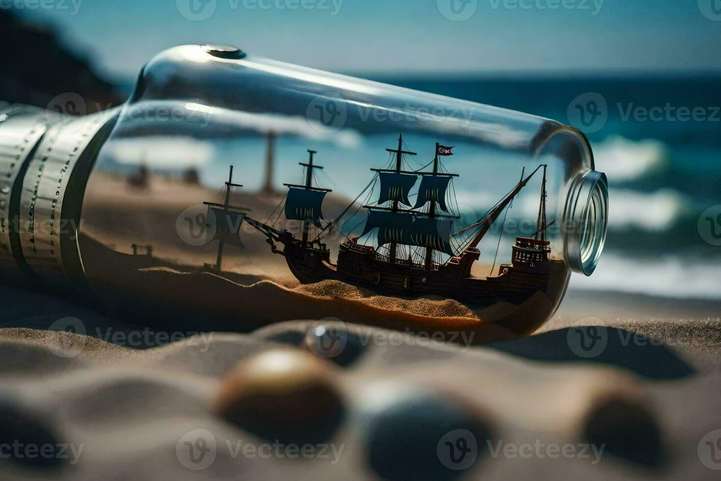 un botella con un Embarcacion dentro en el playa. generado por ai foto