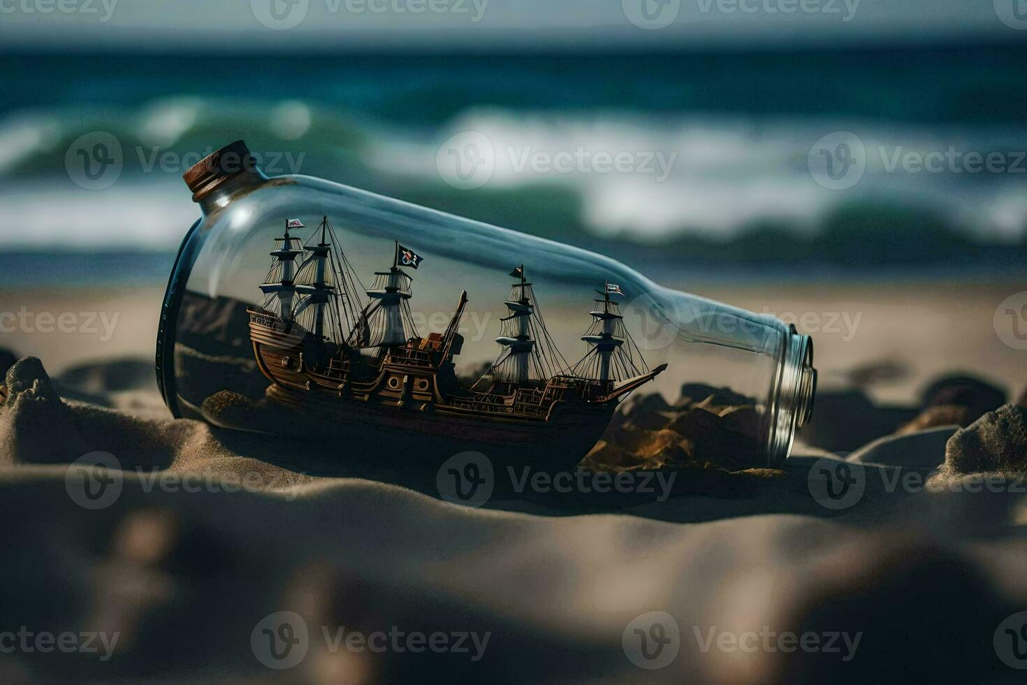 a ship in a bottle on the beach. AI-Generated photo