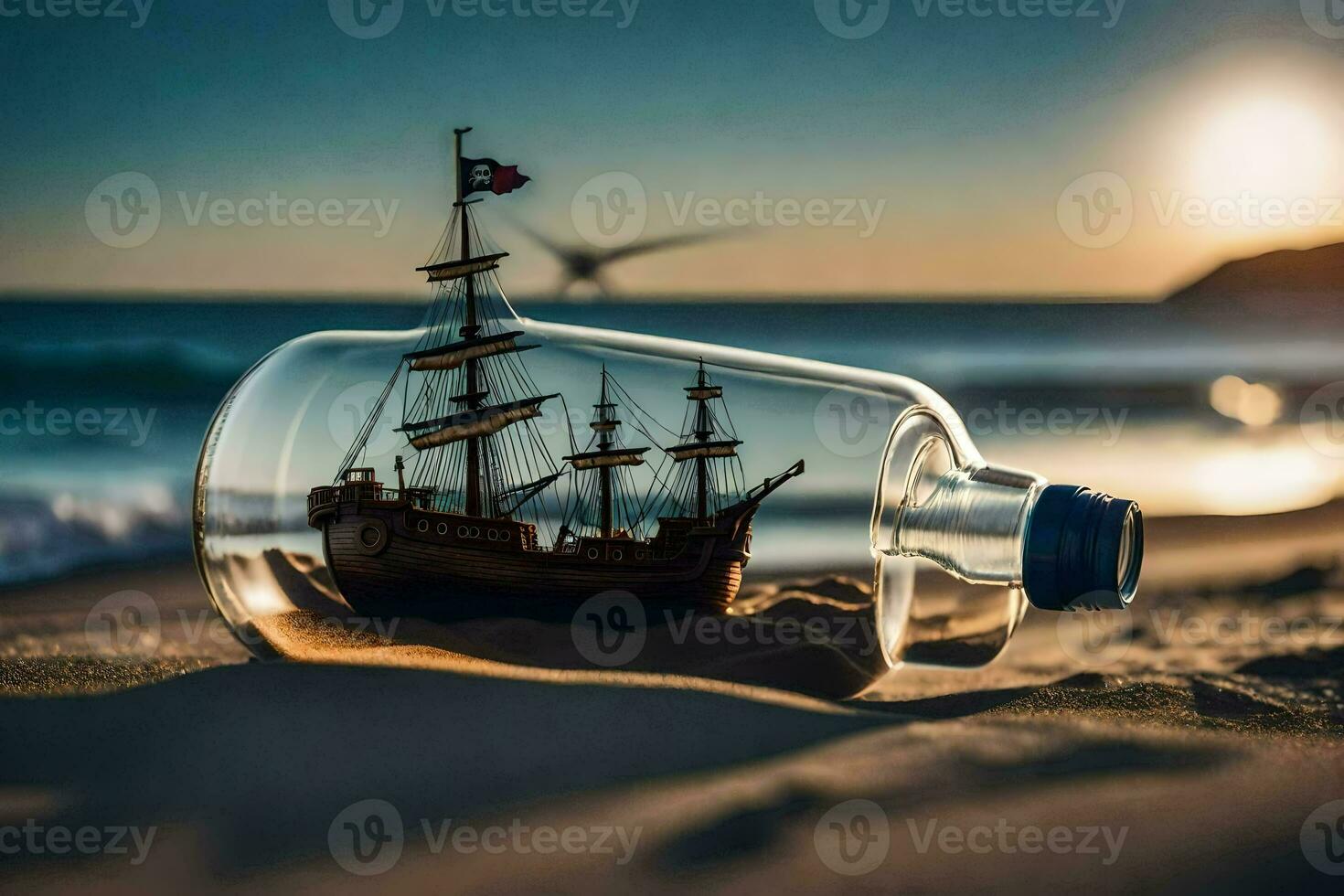 ship in a bottle on the beach. AI-Generated photo