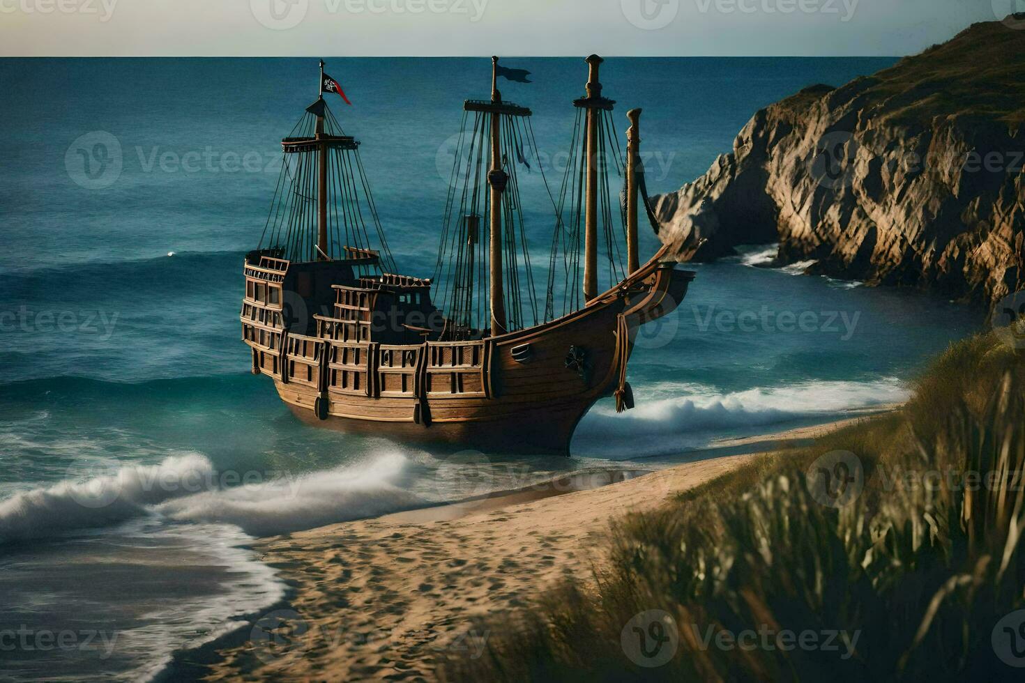 a pirate ship is on the beach near the ocean. AI-Generated photo