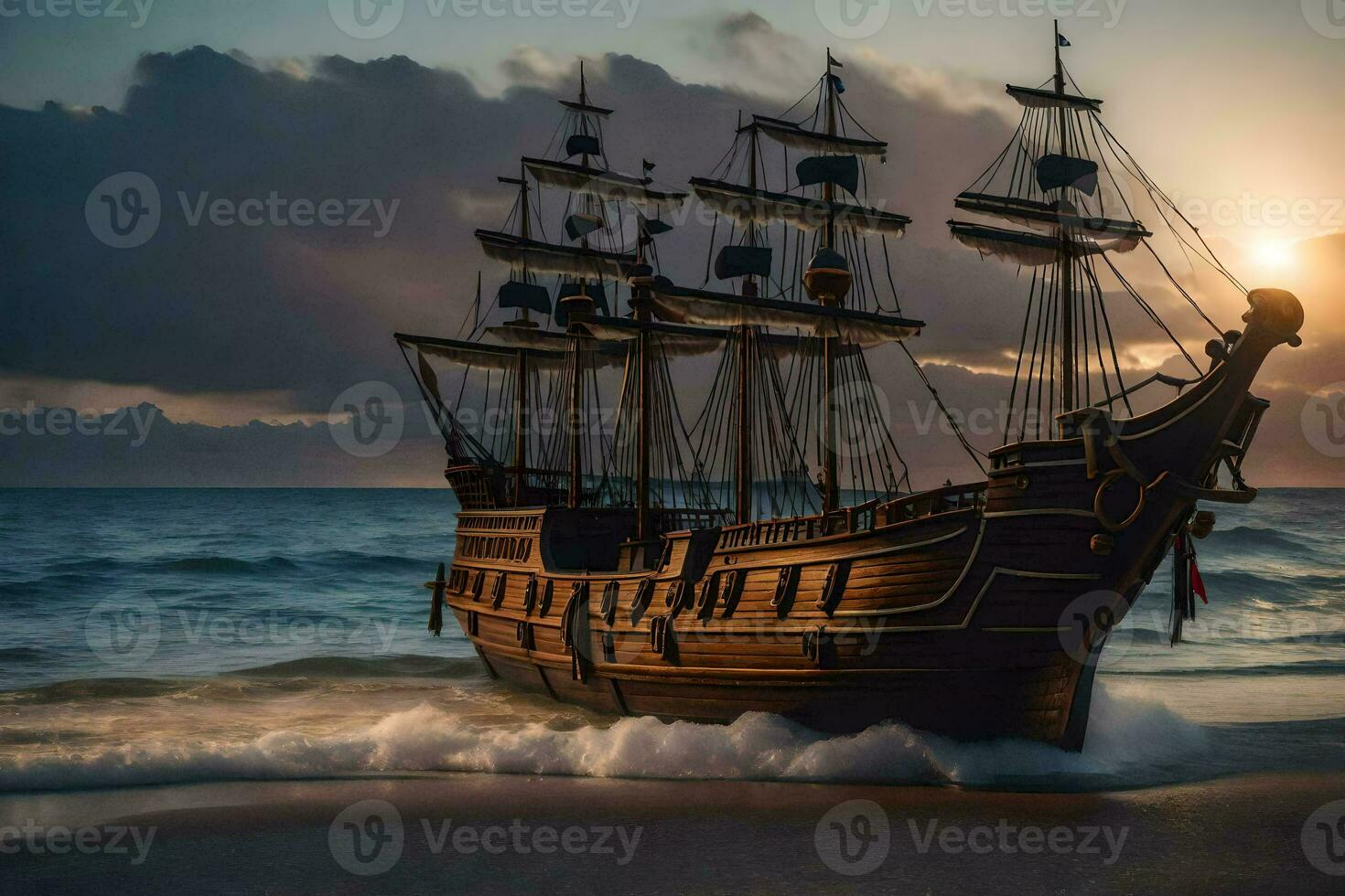 a pirate ship on the beach at sunset. AI-Generated photo