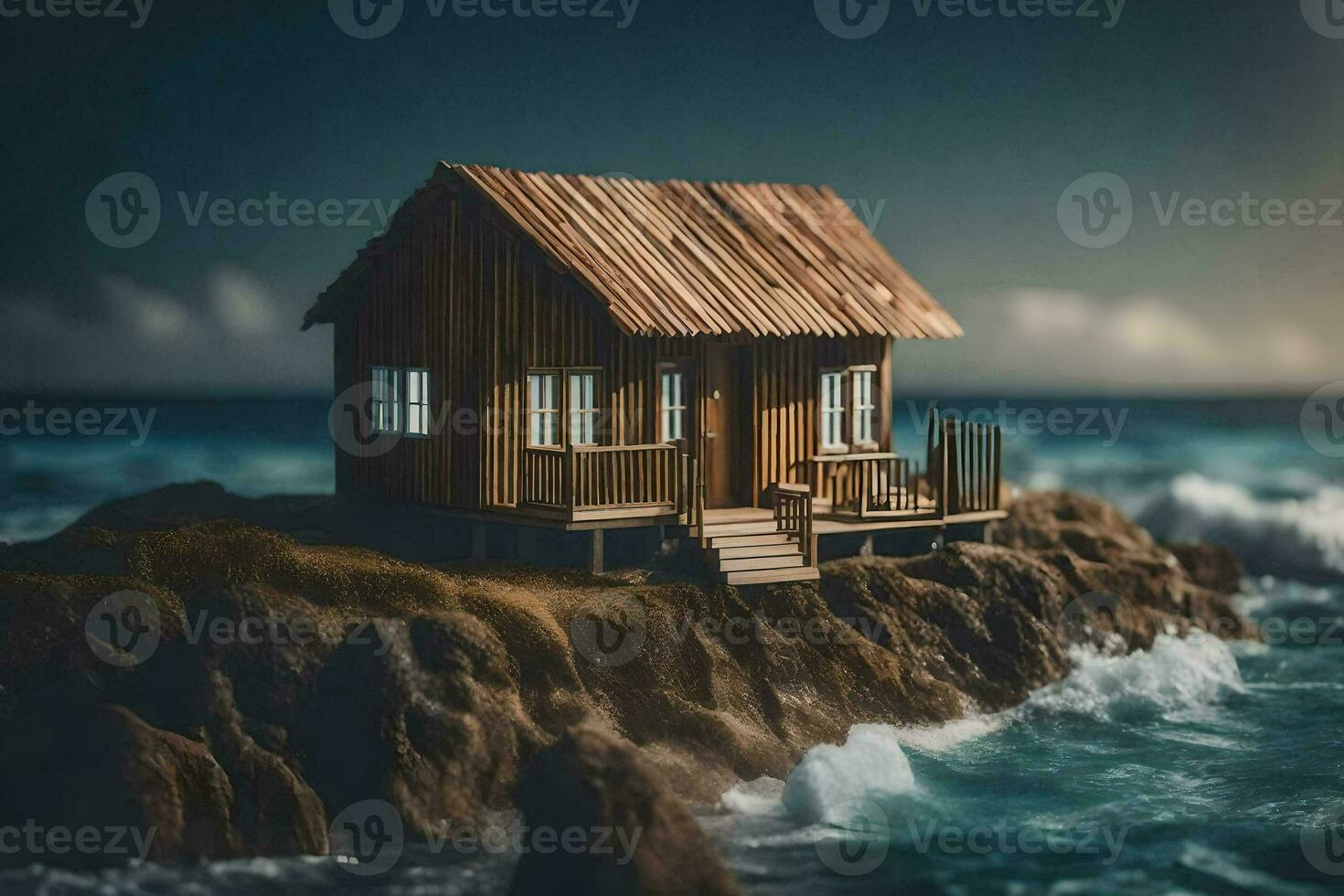 a small wooden house on the edge of the ocean. AI-Generated photo