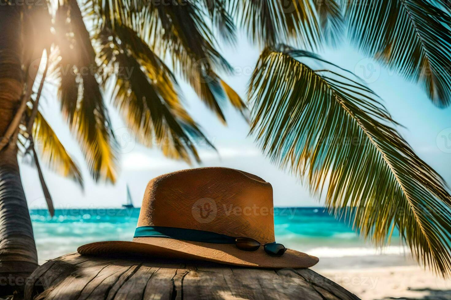 hat on palm tree. AI-Generated photo