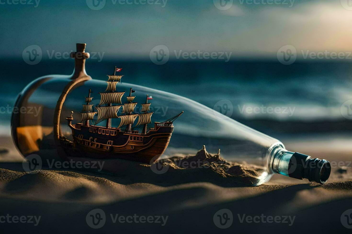 a ship in a bottle on the beach. AI-Generated photo