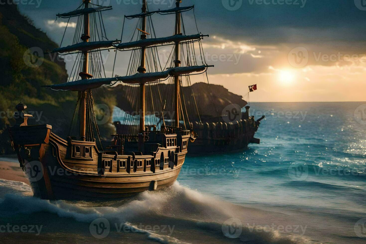 a pirate ship is on the beach at sunset. AI-Generated photo