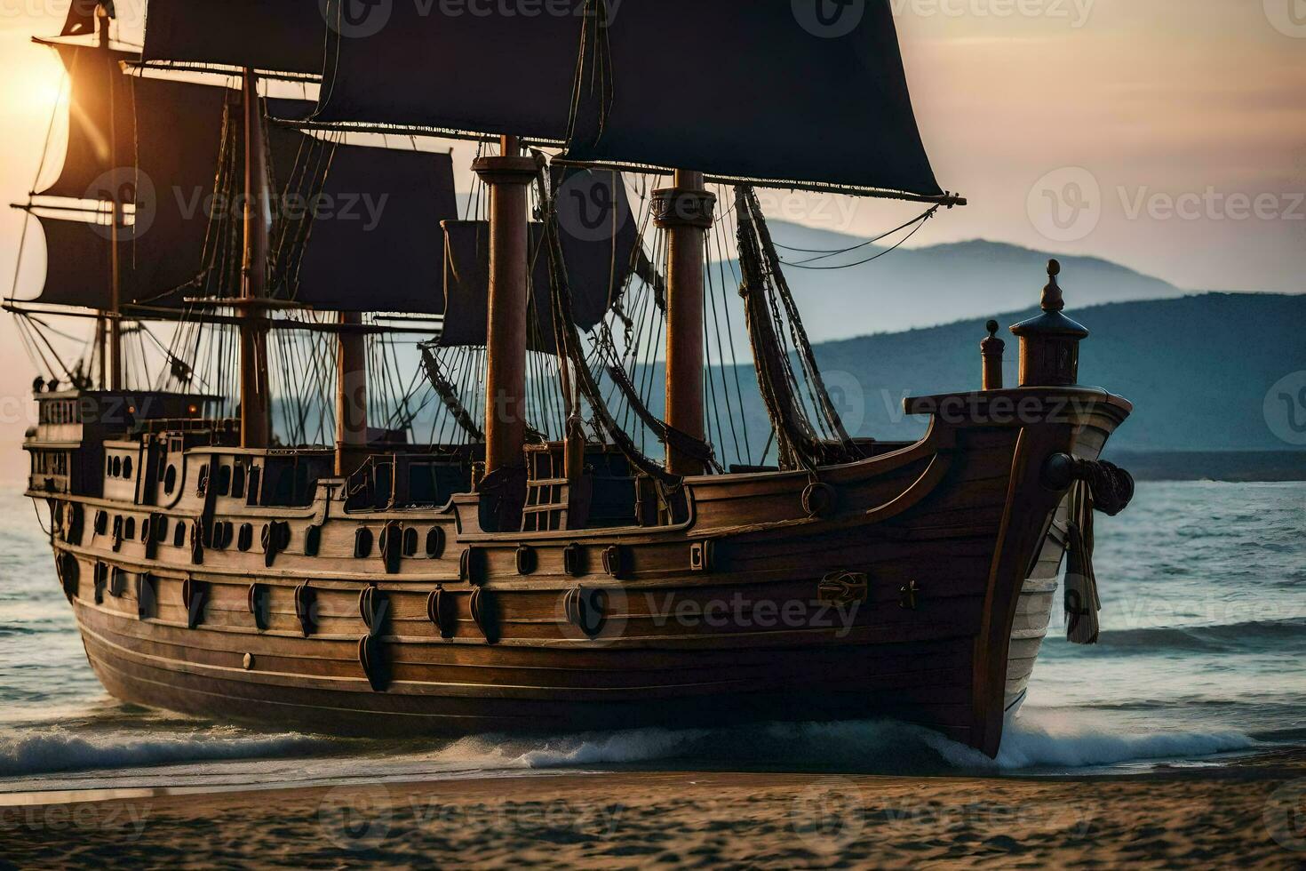 un pirata Embarcacion es en el playa a puesta de sol. generado por ai foto