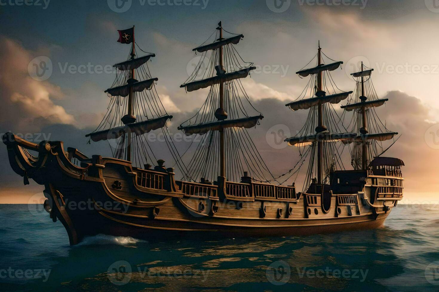 a pirate ship in the ocean at sunset. AI-Generated photo
