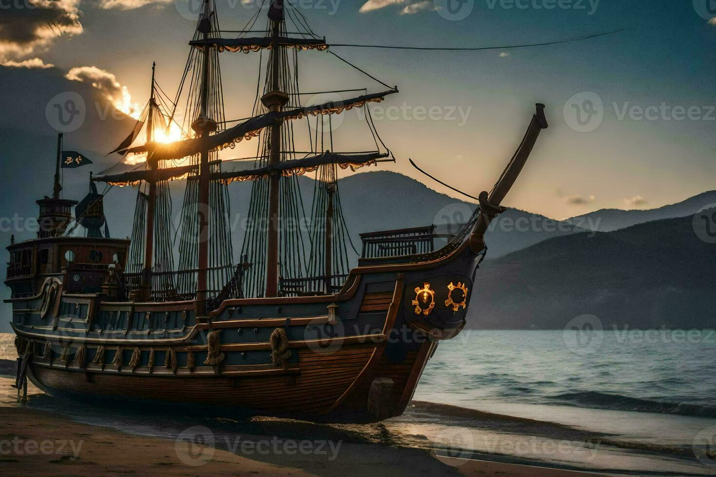 un pirata Embarcacion en el playa a puesta de sol. generado por ai foto