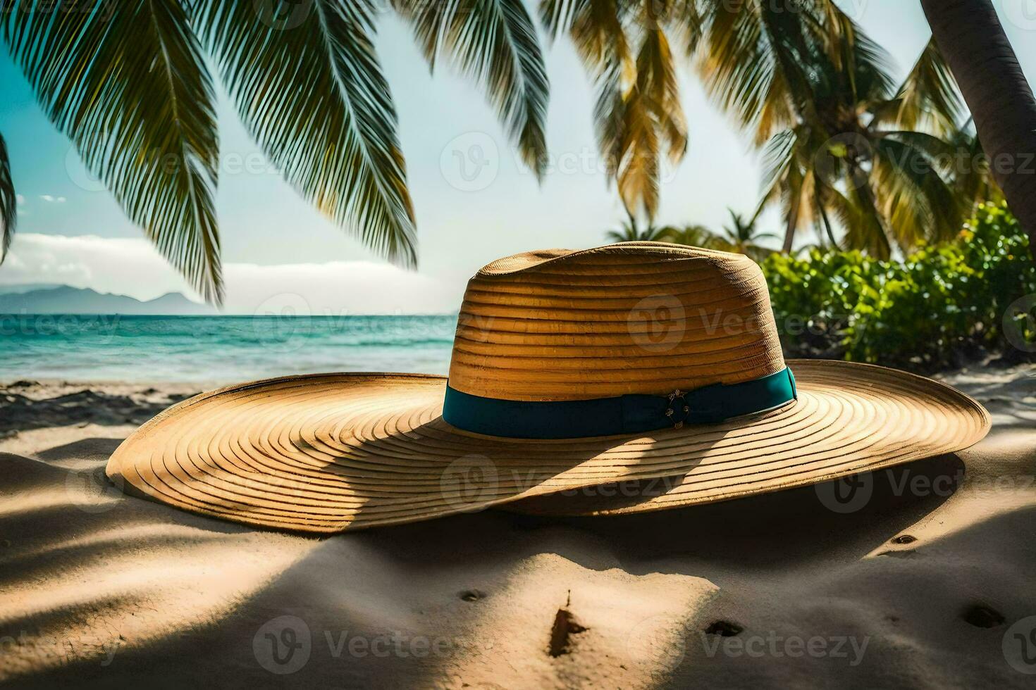 a hat on the beach with palm trees. AI-Generated photo