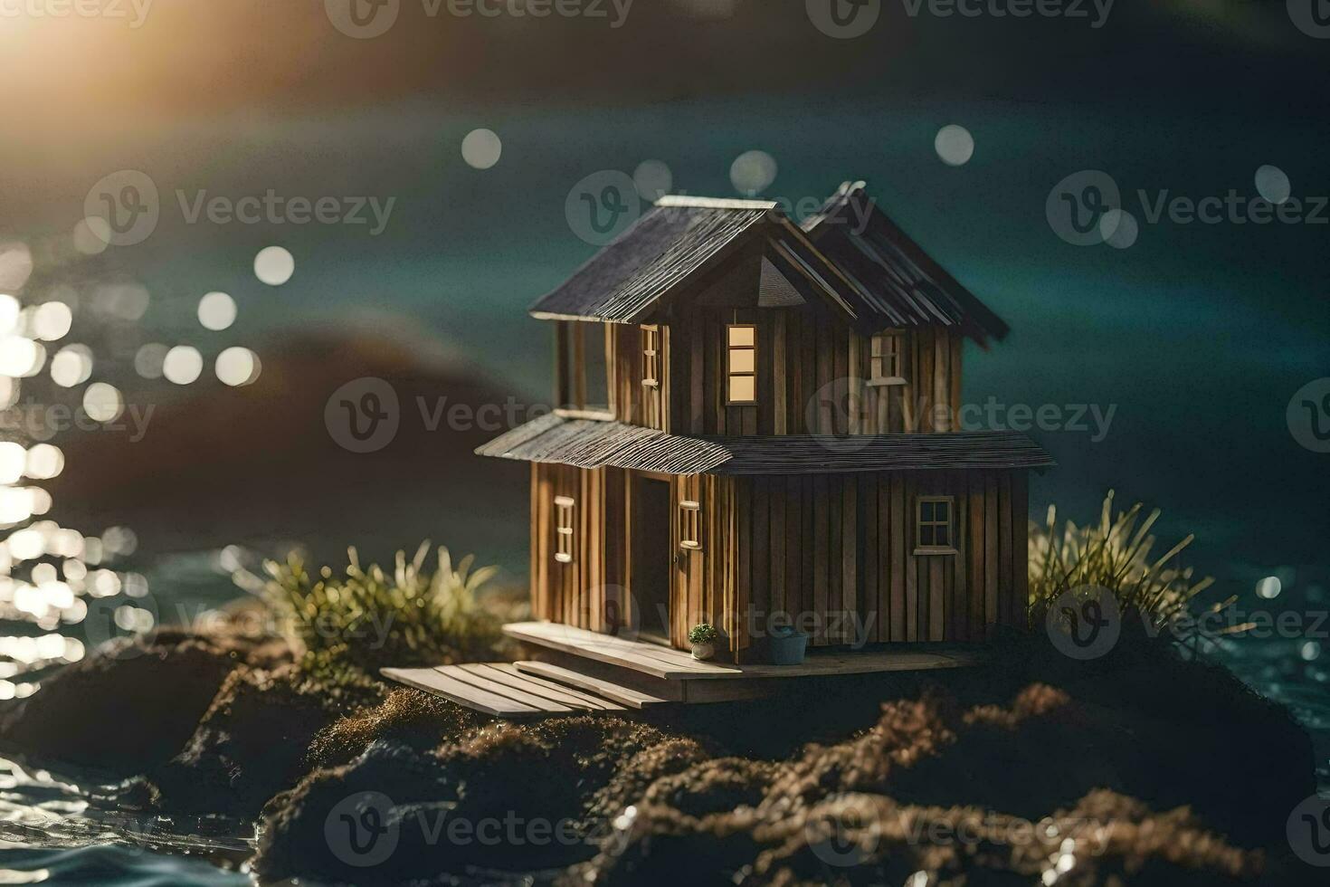 a miniature house on a rock by the water. AI-Generated photo