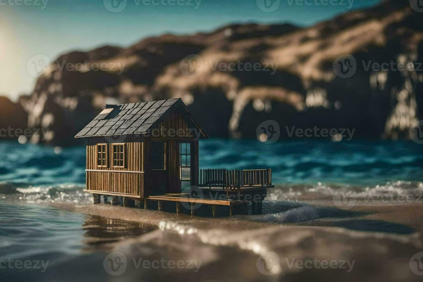 a miniature house on the beach with a small boat. AI-Generated photo