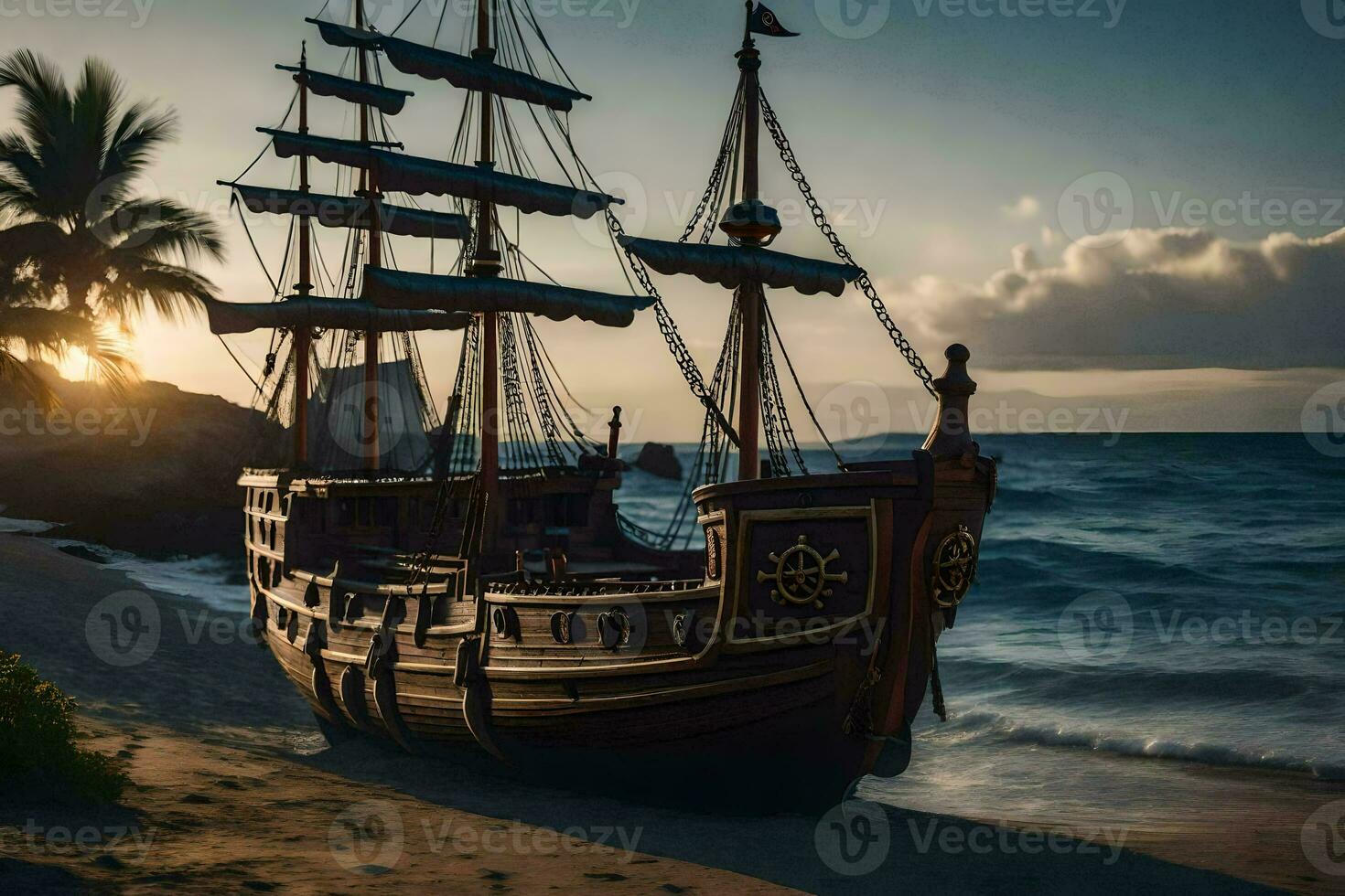 a pirate ship on the beach at sunset. AI-Generated photo