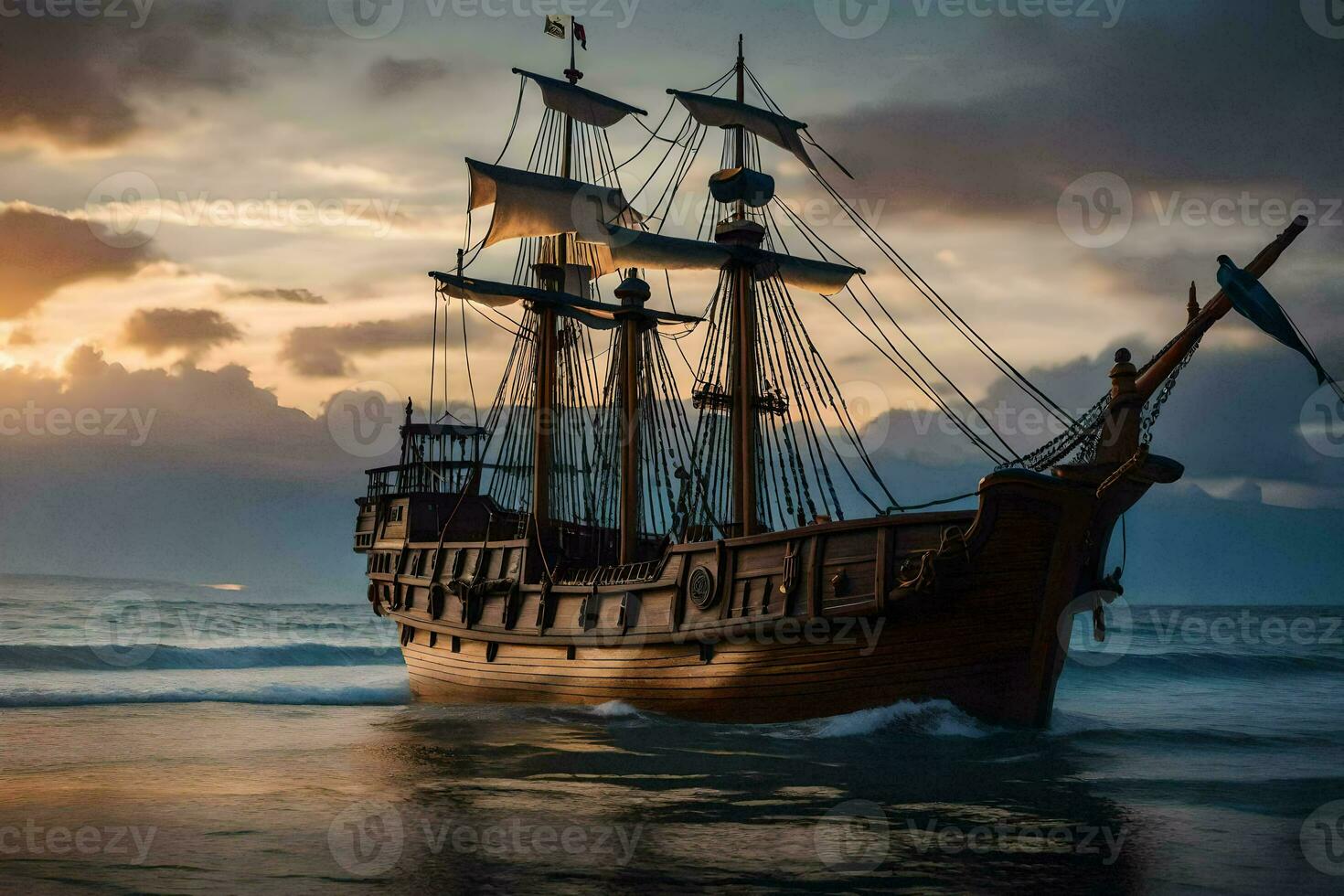 a pirate ship is sailing in the ocean at sunset. AI-Generated photo