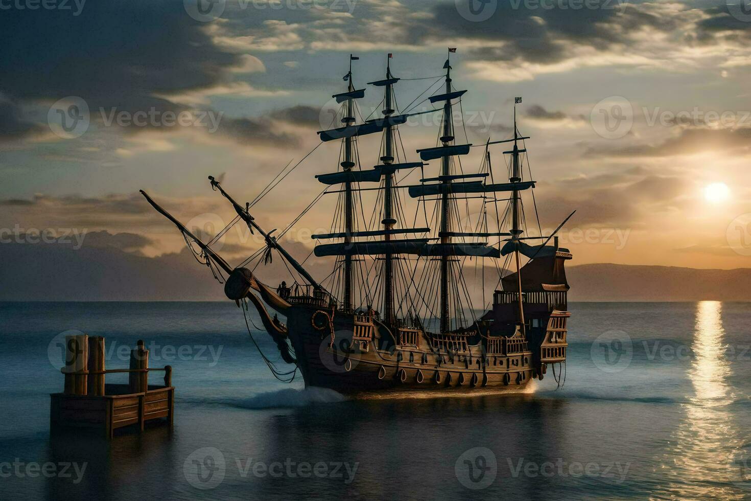 un pirata Embarcacion en el Oceano a puesta de sol. generado por ai foto